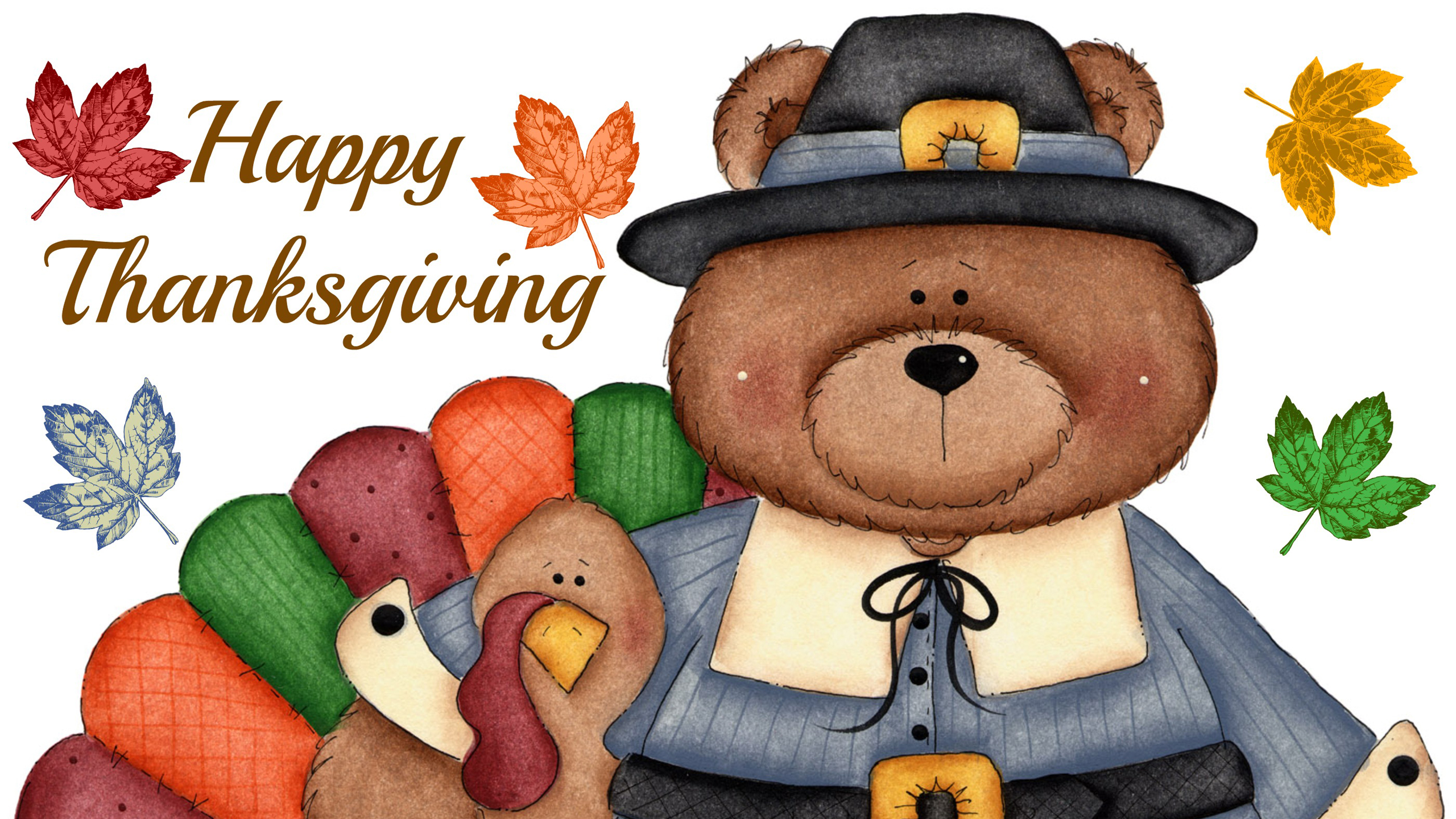 Happy Thanksgiving Word With Leaves Bear Turkey HD Thanksgiving Wallpaper