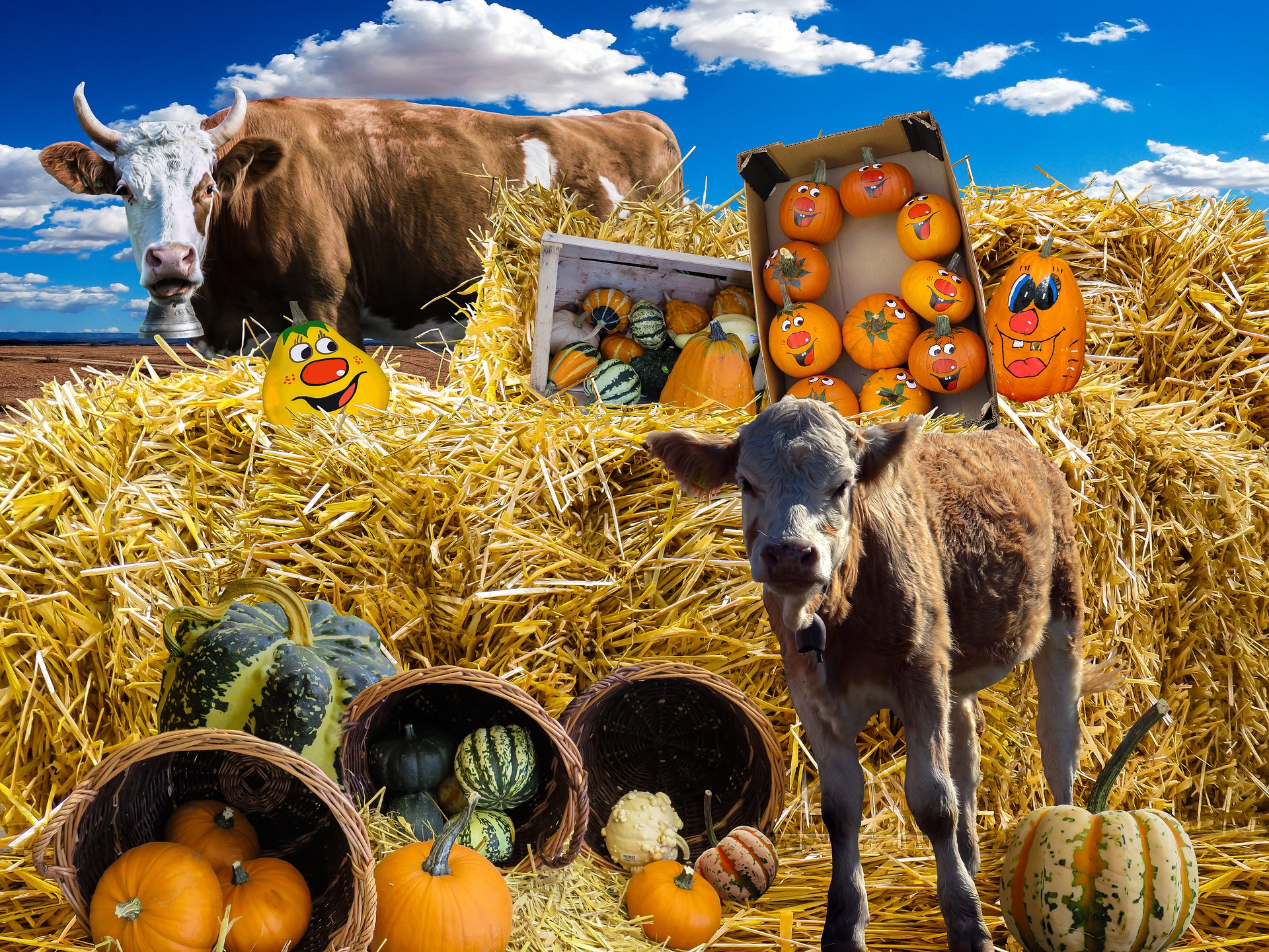 Free photo: Pumpkin, Straw Bales and Cows, Bale, Cow