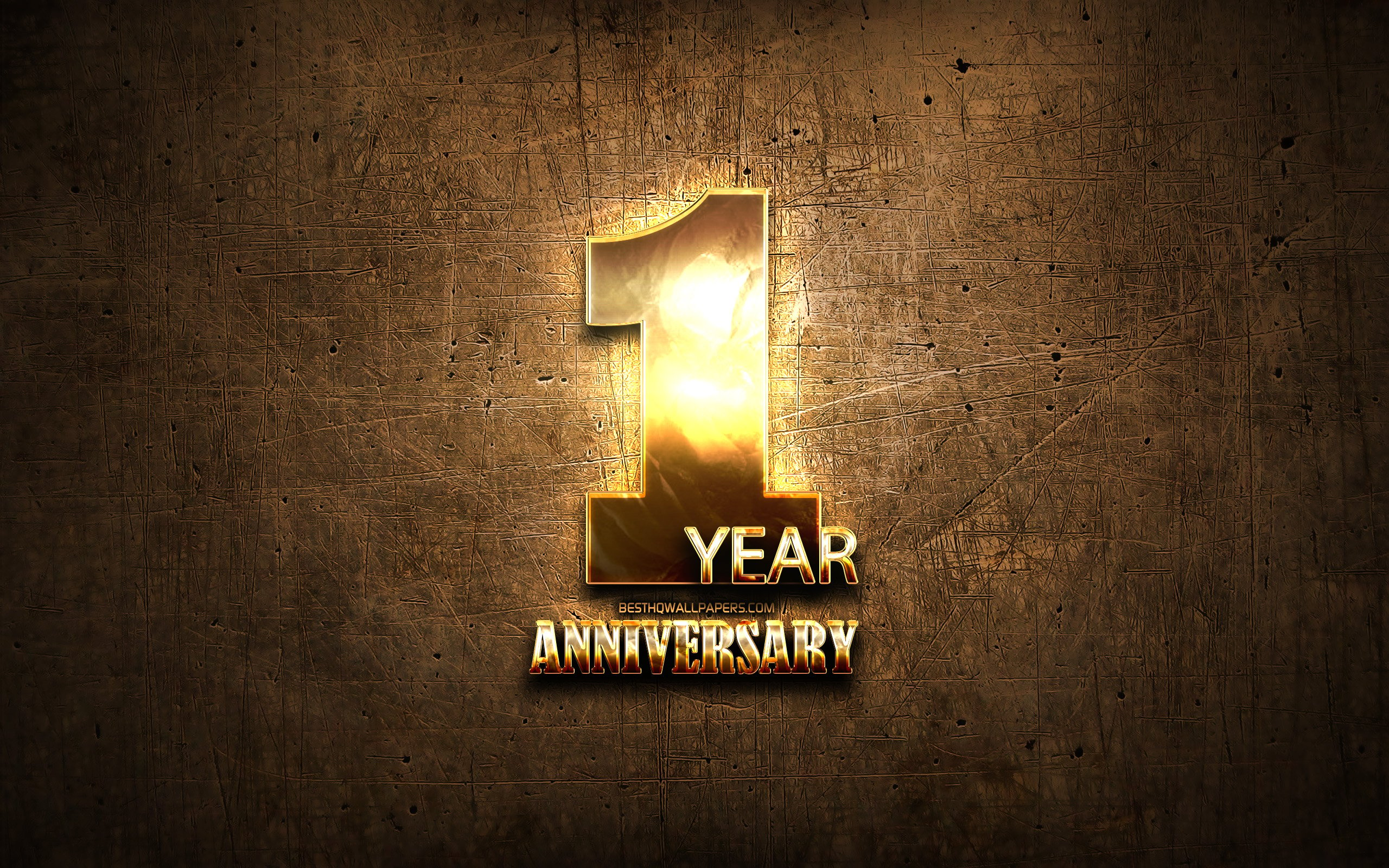 Download wallpaper 1 Year Anniversary, golden signs, anniversary concepts, brown metal background, 1st anniversary, creative, Golden 1st anniversary sign for desktop with resolution 2560x1600. High Quality HD picture wallpaper