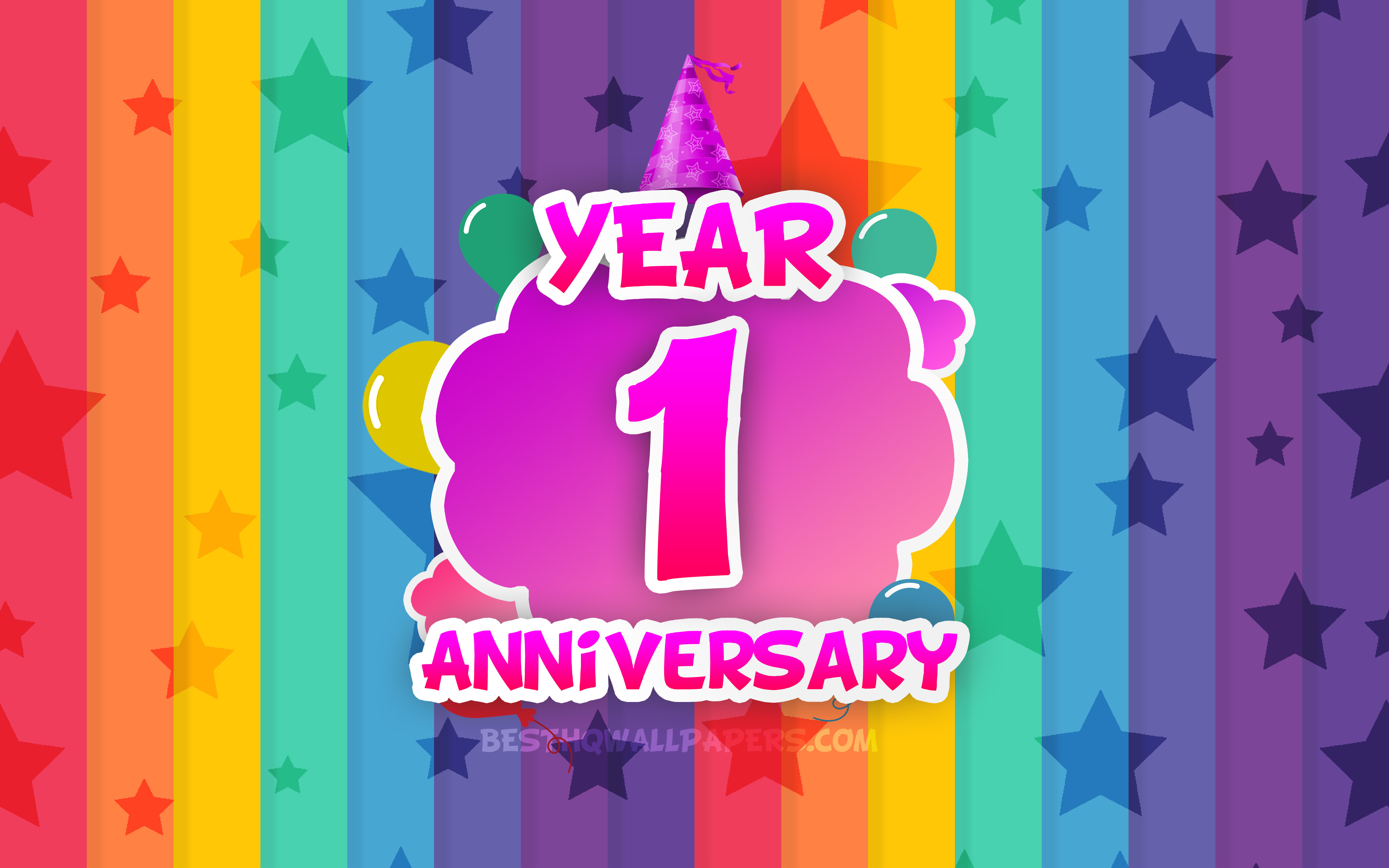 Download wallpaper 4k, 1 Years Anniversary, colorful clouds, Anniversary concept, rainbow background, 1st anniversary sign, creative 3D letters, 1st anniversary for desktop with resolution 3840x2400. High Quality HD picture wallpaper