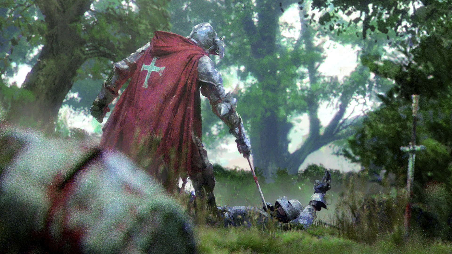 Wallpaper, knight, sword, forest, cape, blood, battle, medieval, armor 1920x1080