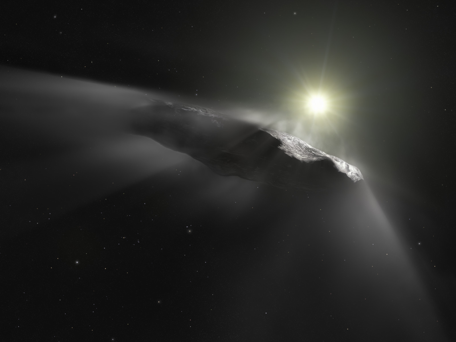 Artist's impression of the interstellar asteroid `Oumuamua. ESO United States