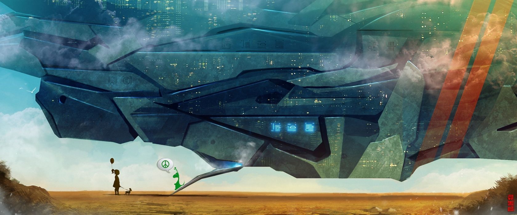 Girl Art Craft Meeting Sci Fi Alien Spaceship Peace Wallpaperx1080