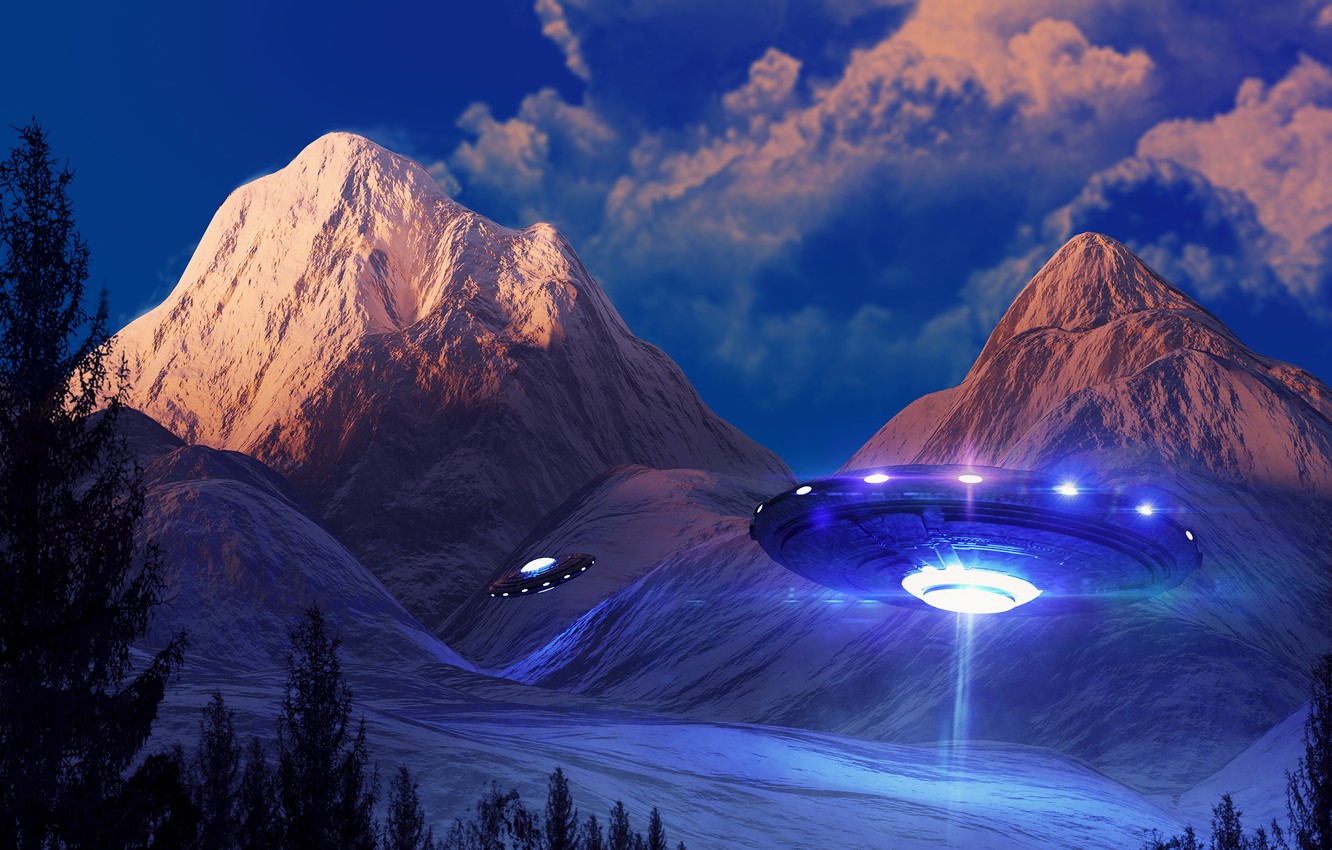 Wallpaper clouds, light, landscape, mountains, fiction, UFO, spaceship, aliens, floodlights, flying saucer, the alien ship image for desktop, section фантастика