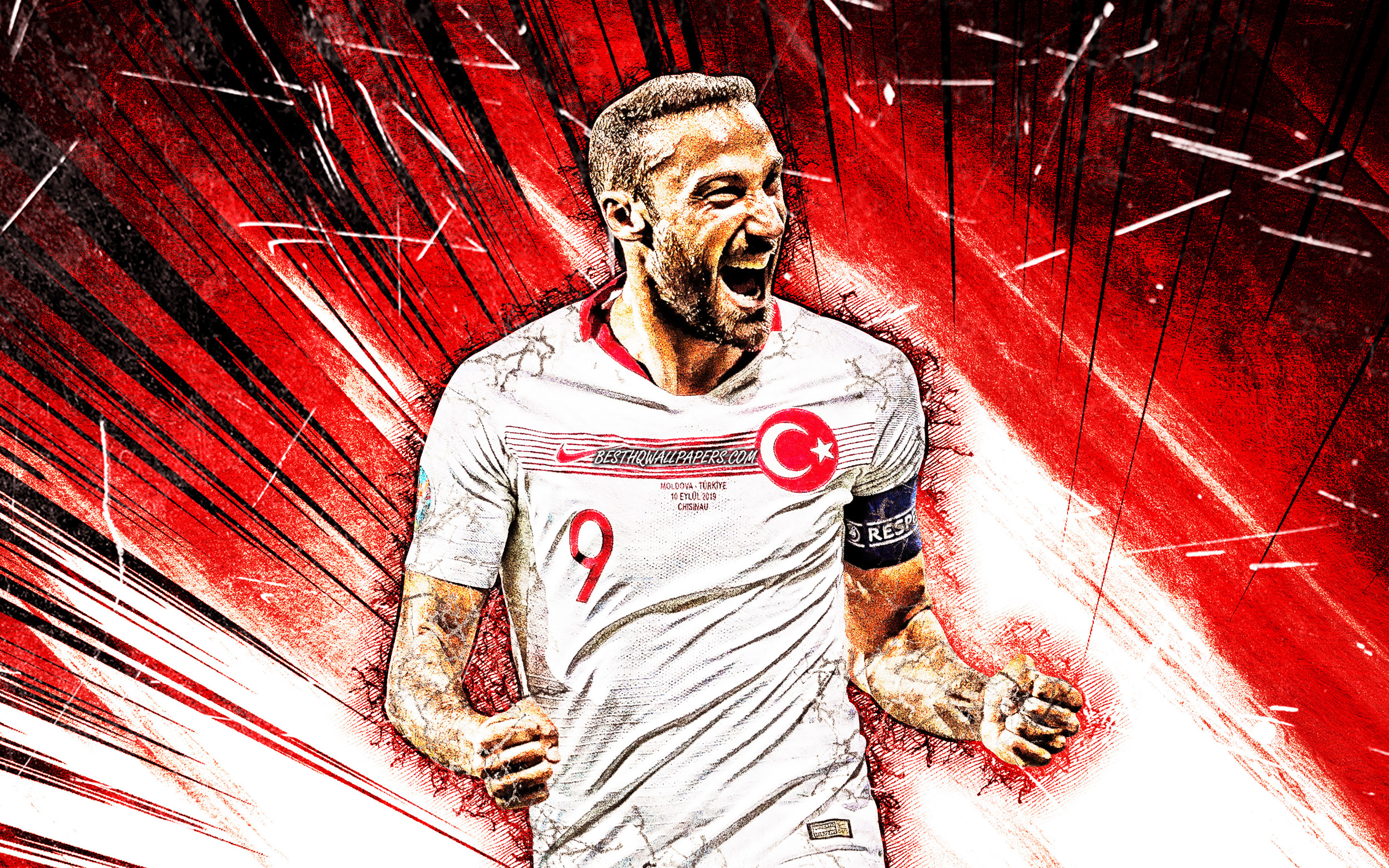Download wallpaper Cenk Tosun, Turkey National Team, grunge art, soccer, footballers, Tosun, red abstract rays, forward, Turkish football team for desktop with resolution 2880x1800. High Quality HD picture wallpaper
