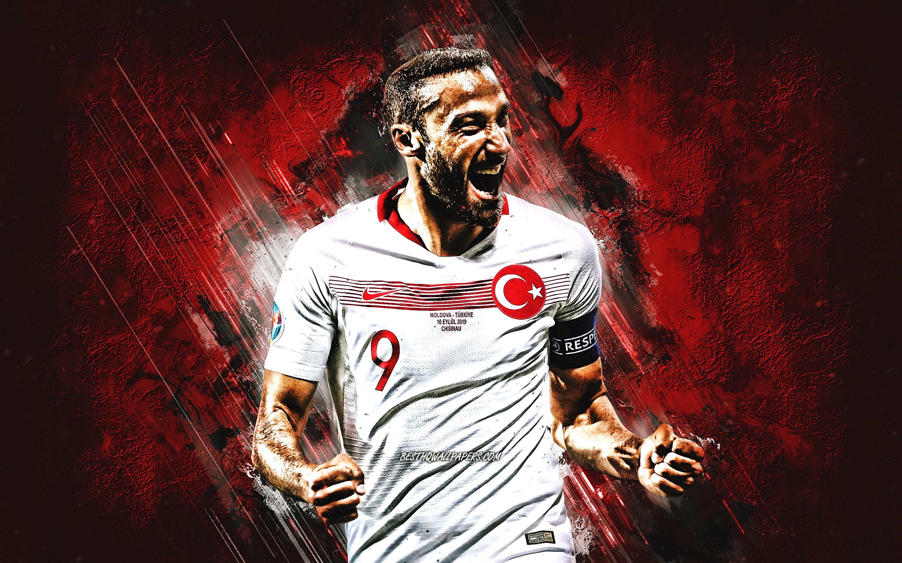 Download wallpaper Cenk Tosun, Turkey national team football, portrait, Turkish footballer, red stone background, Turkey, football for desktop with resolution 2880x1800. High Quality HD picture wallpaper