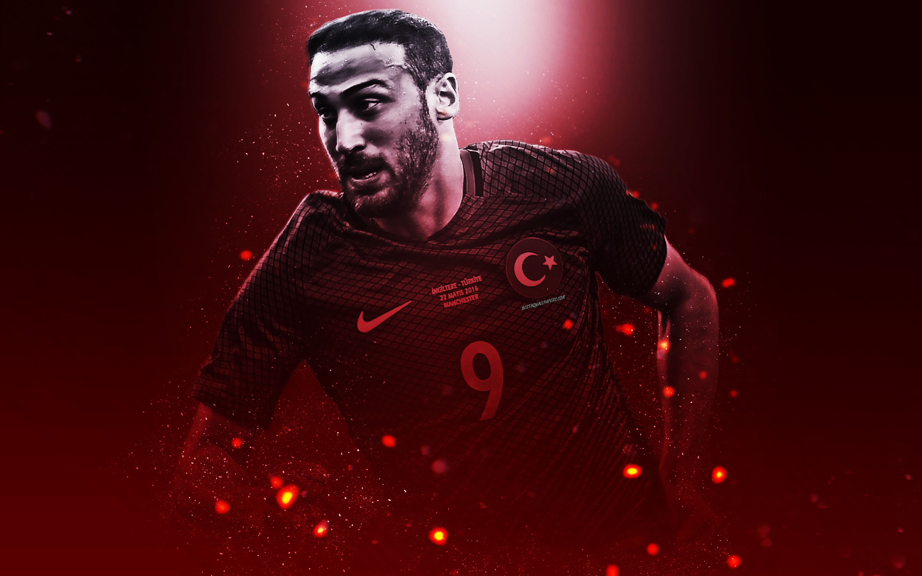 Download wallpaper Cenk Tosun, 4k, creative art, Turkey national football team, Turkish footballer, lighting effects, red background, portrait, Turkey, football players for desktop with resolution 3840x2400. High Quality HD picture wallpaper
