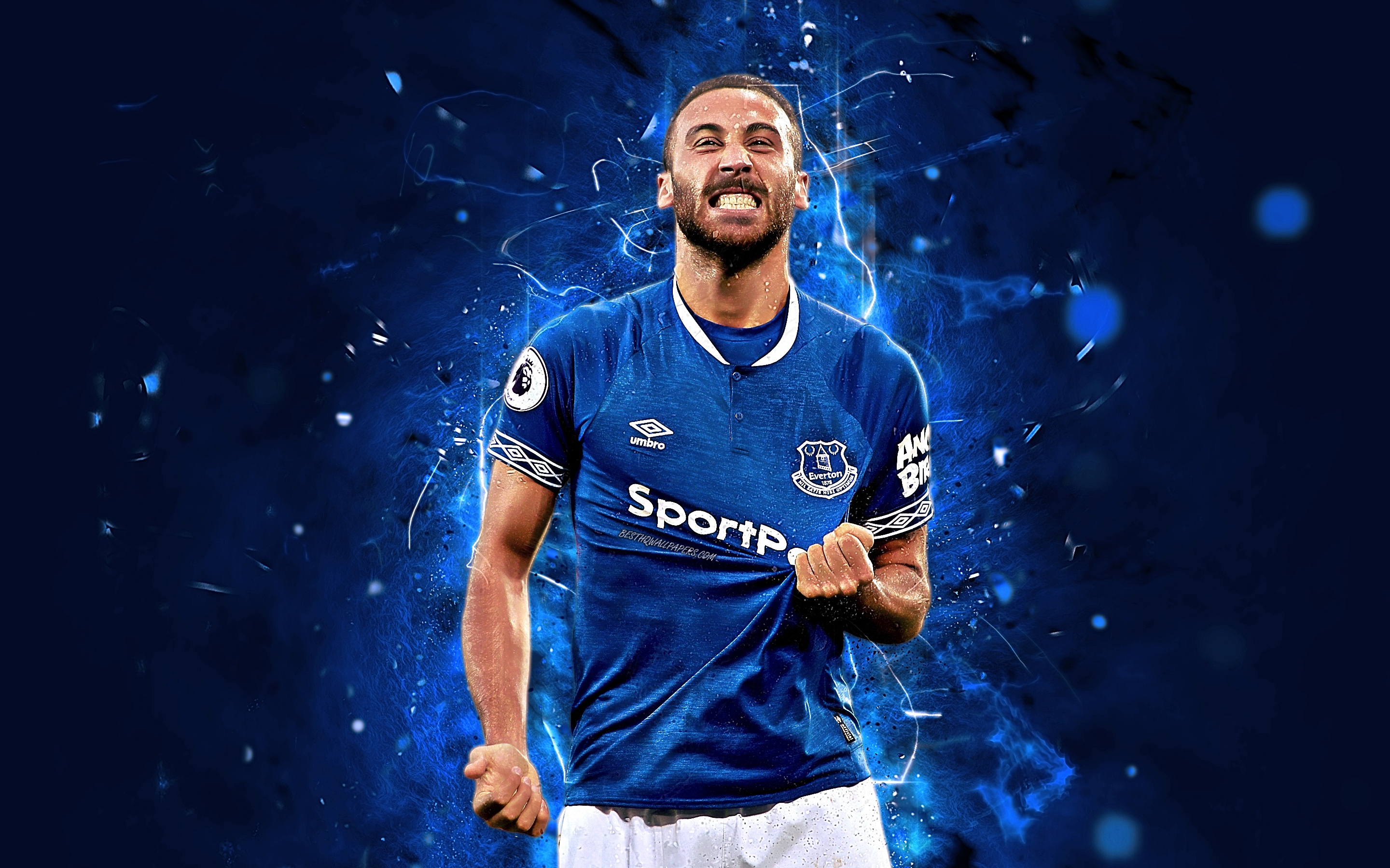 Download wallpaper Cenk Tosun, striker, abstract art, turkish footballers, Everton FC, soccer, Tosun, Premier League, football, neon lights for desktop with resolution 2880x1800. High Quality HD picture wallpaper