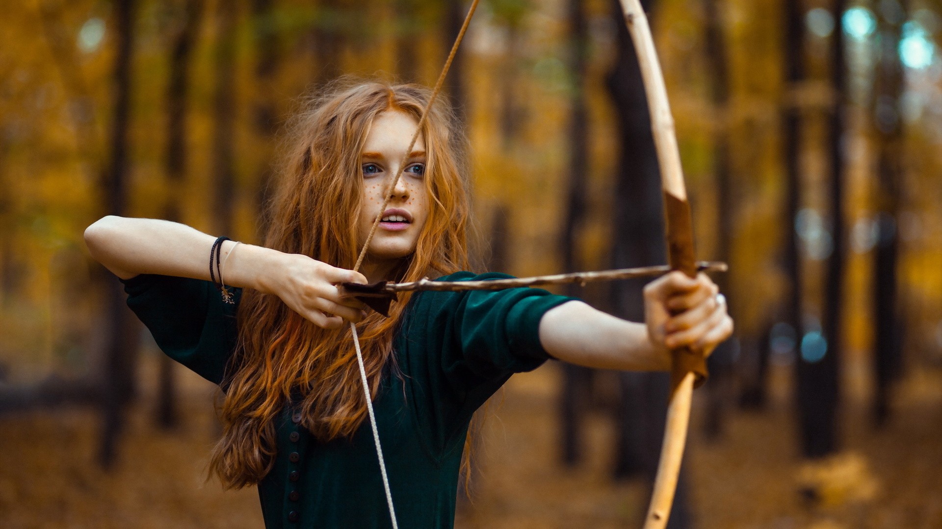 #archer, #women, #bow and arrow, #archery, #fantasy girl, #bow, # women outdoors, #redhead, #bracelets, #wavy hair, #long hair, wallpaper HD Wallpaper