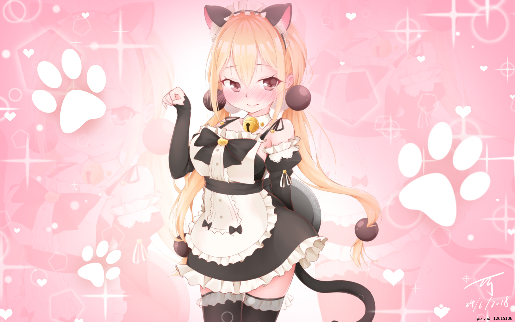 apron bell blush catgirl headdress long hair maid pink red eyes signed sunkazer tail thighhighs twintails waitress watermark xiaoyuan zoom layer wallpaperx1050