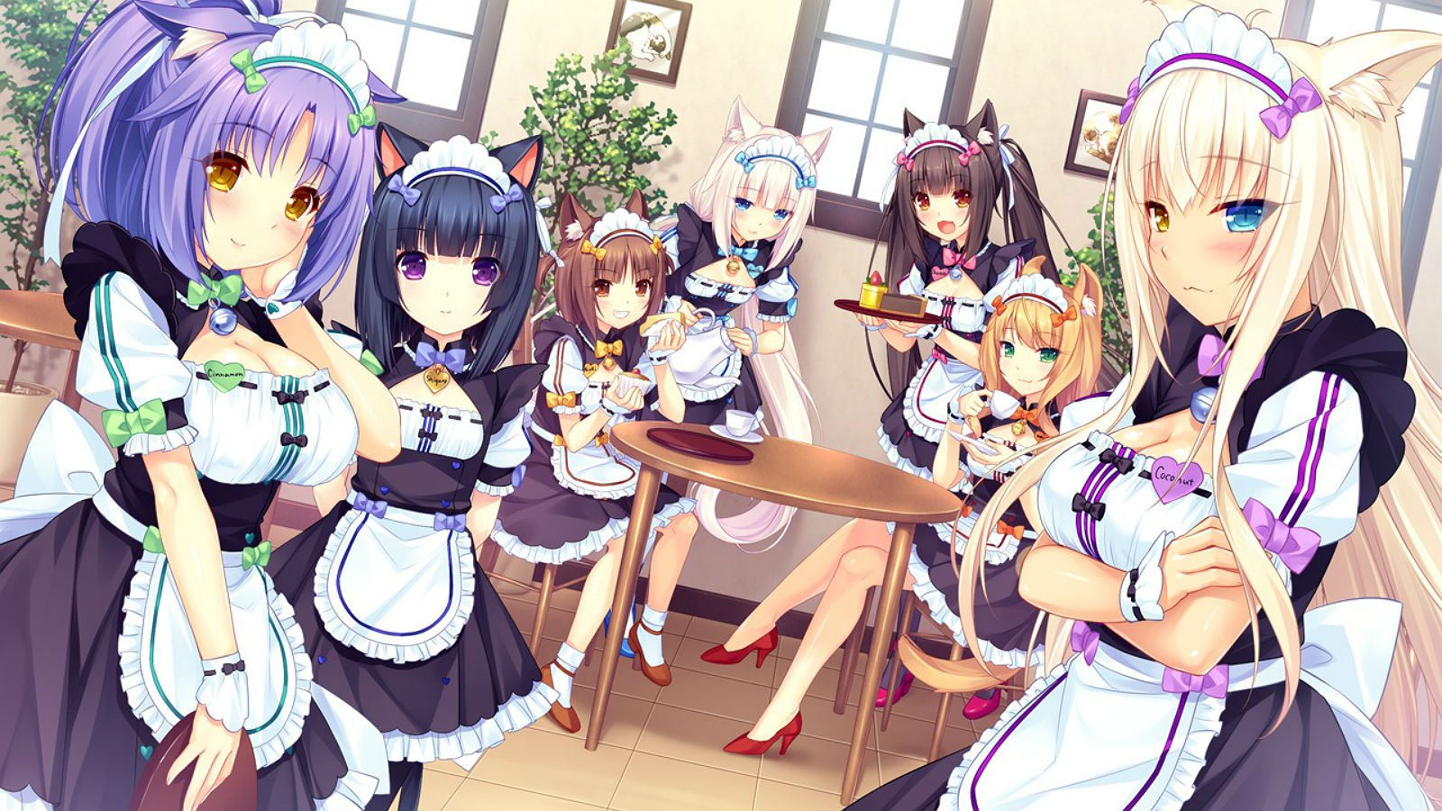 apron, Blue, Eyes, Blush, Breasts, Brown, Eyes, Cat, Smile, Catgirl, Cleavage, Game, Cg, Group, Headdress, Long, Hair, Maid, Nekopara, Sayori, Twintails, Wristwear Wallpaper HD / Desktop and Mobile Background