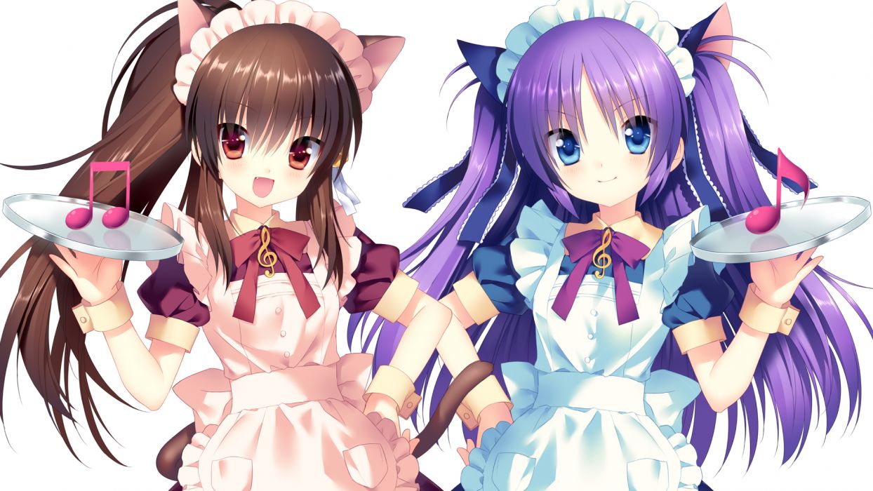Animal ears blue eyes brown eyes brown hair catgirl dress little busters! long hair maid natsume rin purple hair ribbons sakura neko tail wallpaperx1080