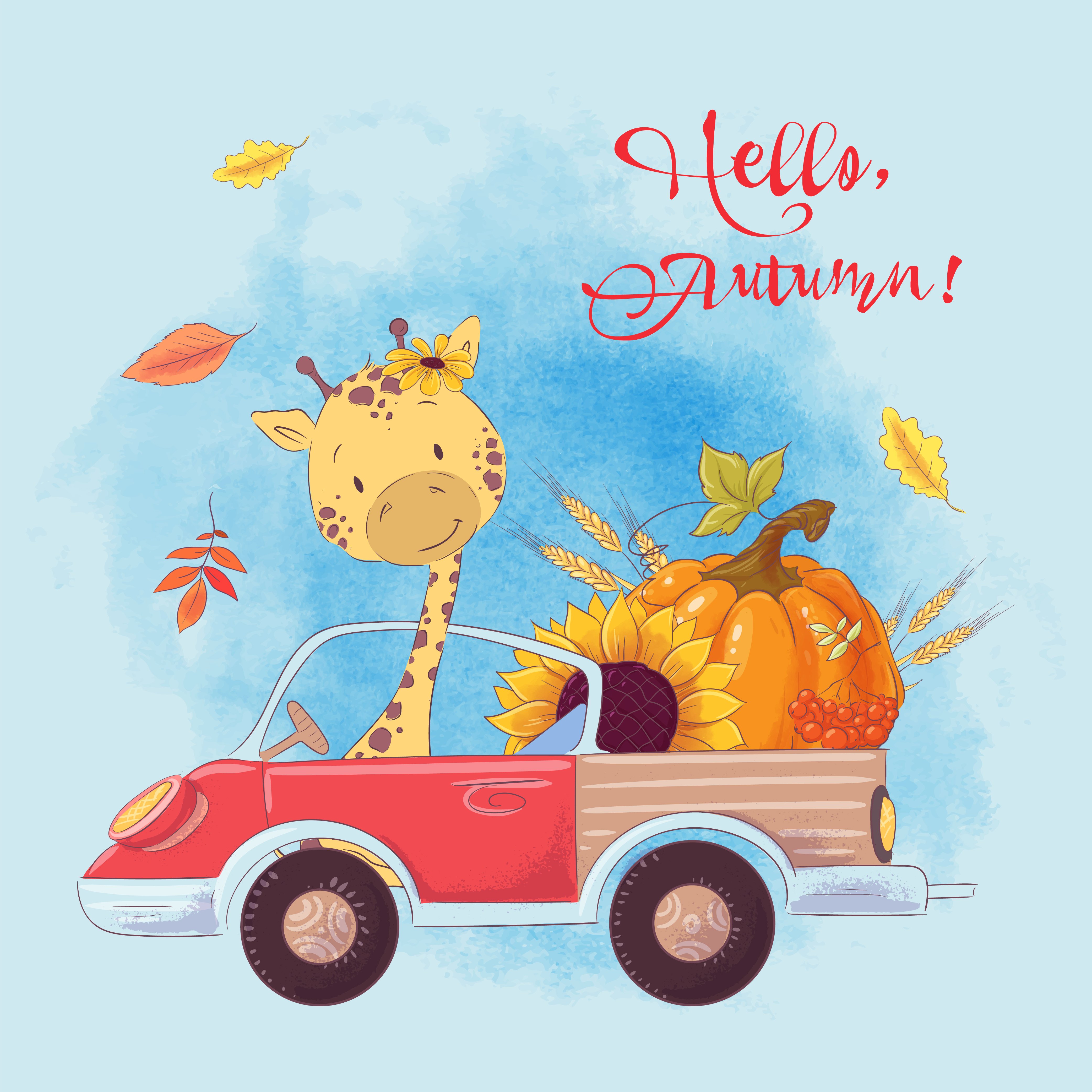 Greeting card cute cartoon giraffe on a truck with pumpkin and autumn fruits