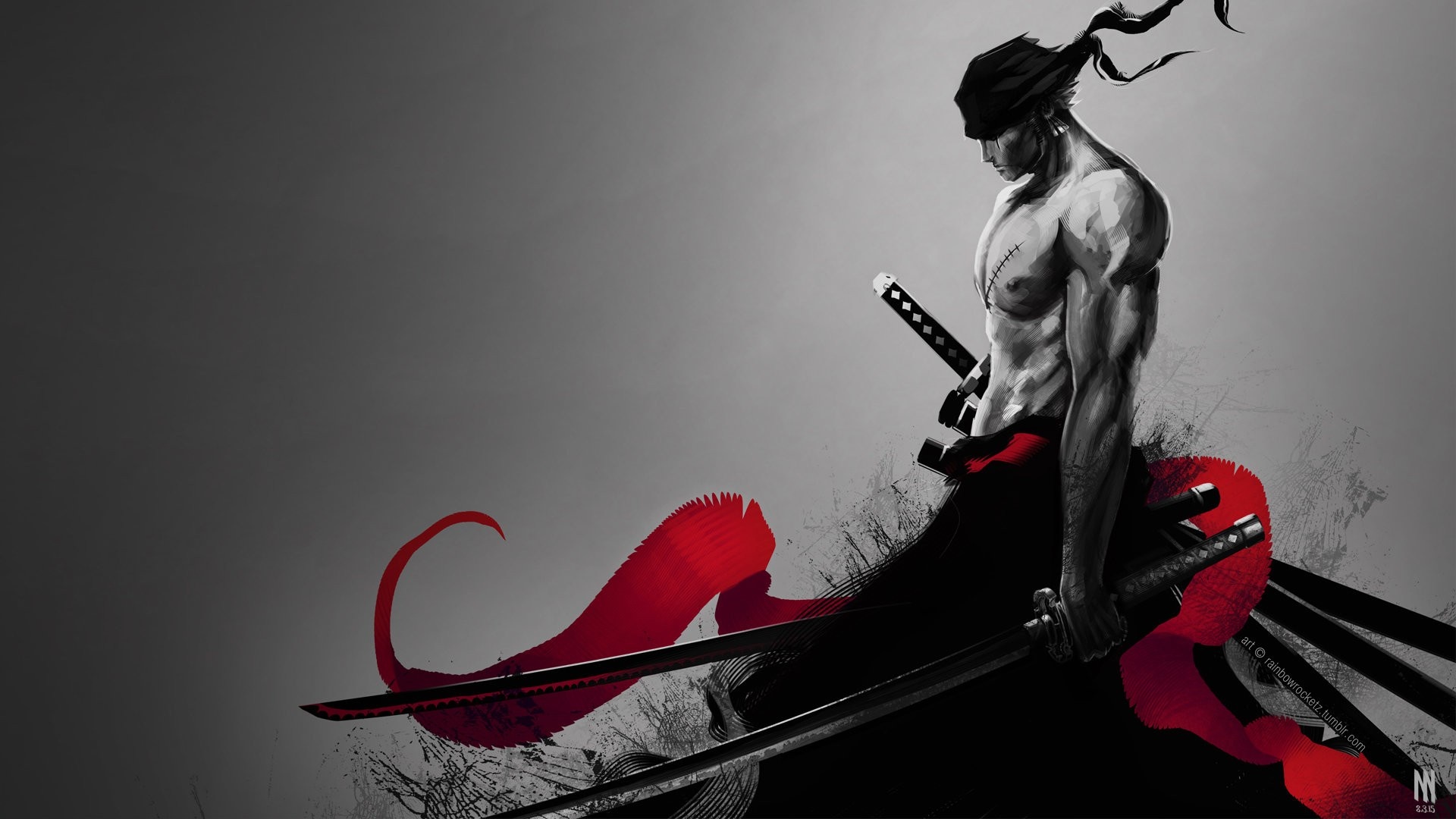 black, illustration, red, selective coloring, katana, fan art, One Piece, Roronoa Zoro, computer wallpaper, album cover HD Wallpaper