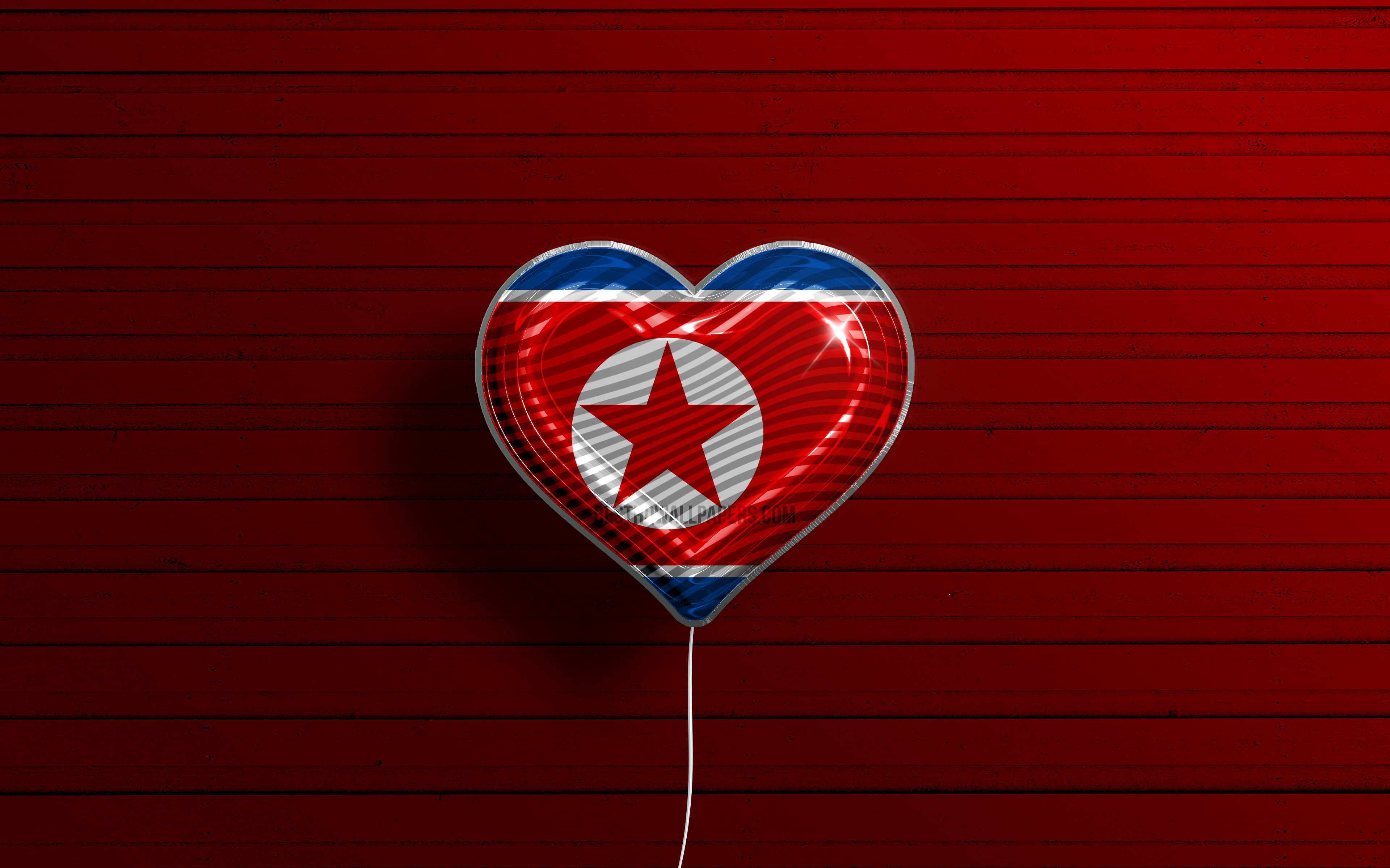 Download wallpaper I Love North Korea, 4k, realistic balloons, red wooden background, Asian countries, North Korean flag heart, favorite countries, flag of North Korea, balloon with flag, North Korean flag, North Korea