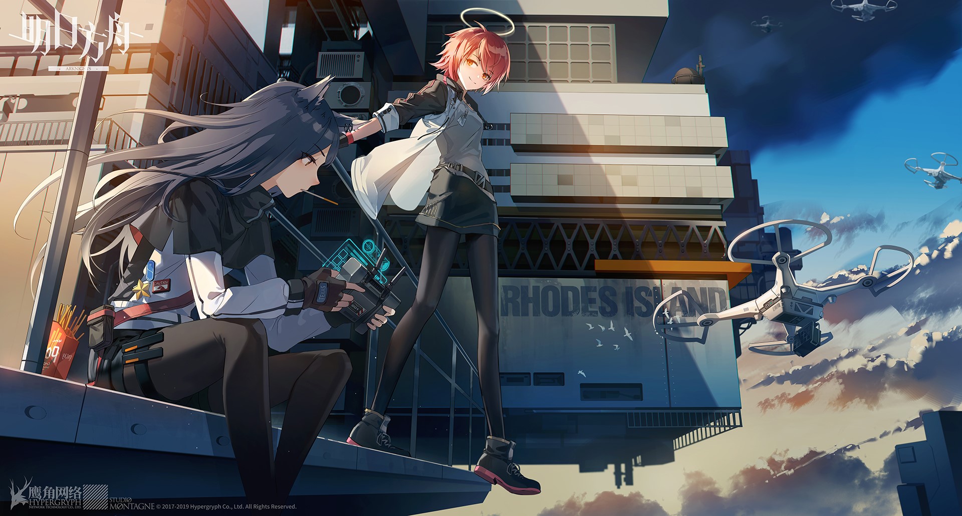 Wallpaper / Exusiai (Arknights), Texas (Arknights), Arknights, Anime, Clouds, Drone, UAVs, Silk Stockings, Seagulls, Pocky, Anime Girls, Low Angle