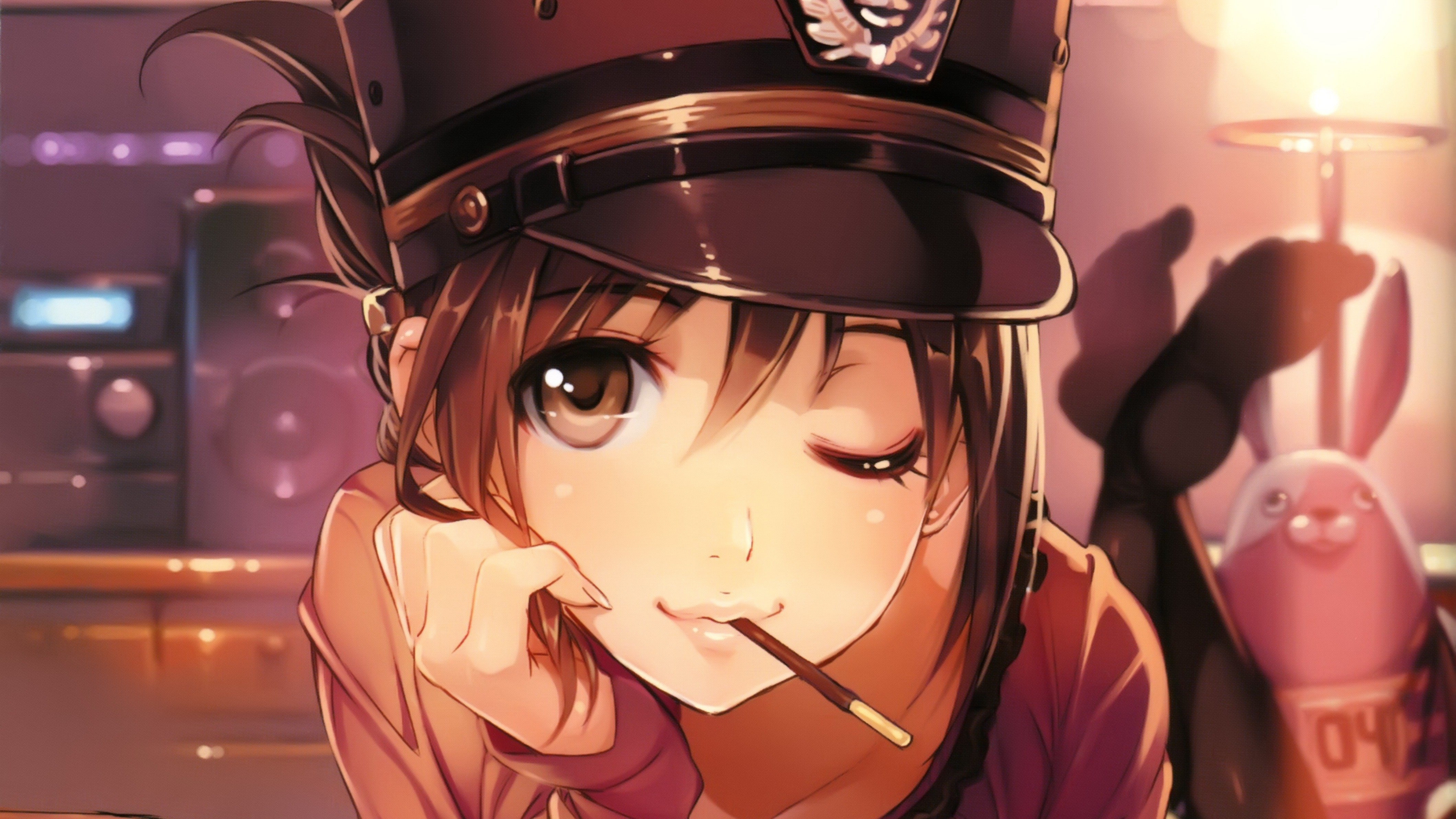 Anime Girls Anime Brown Eyes Hat Pocky Wallpaper:4238x2383