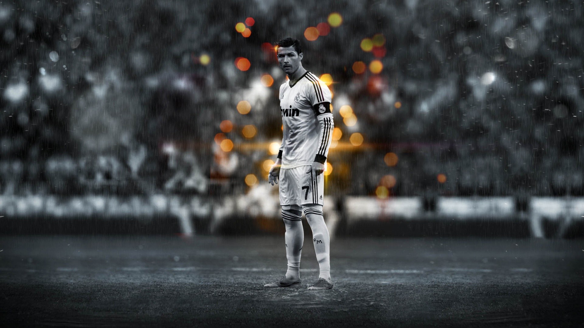 Wallpaper, men, sports, white, black, digital art, monochrome, sport, snow, winter, rain, photography, selective coloring, soccer, spring, Cristiano Ronaldo, light, weather, season, photograph, darkness 1920x1080