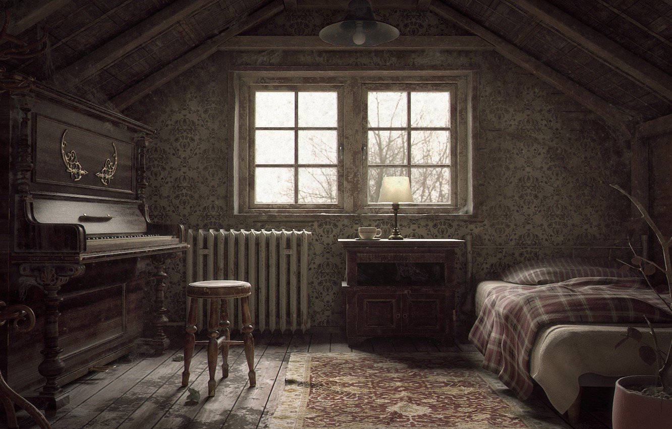 Wallpaper art, piano, attic, Vitaliy Koshevyy, An abandoned Attic image for desktop, section рендеринг
