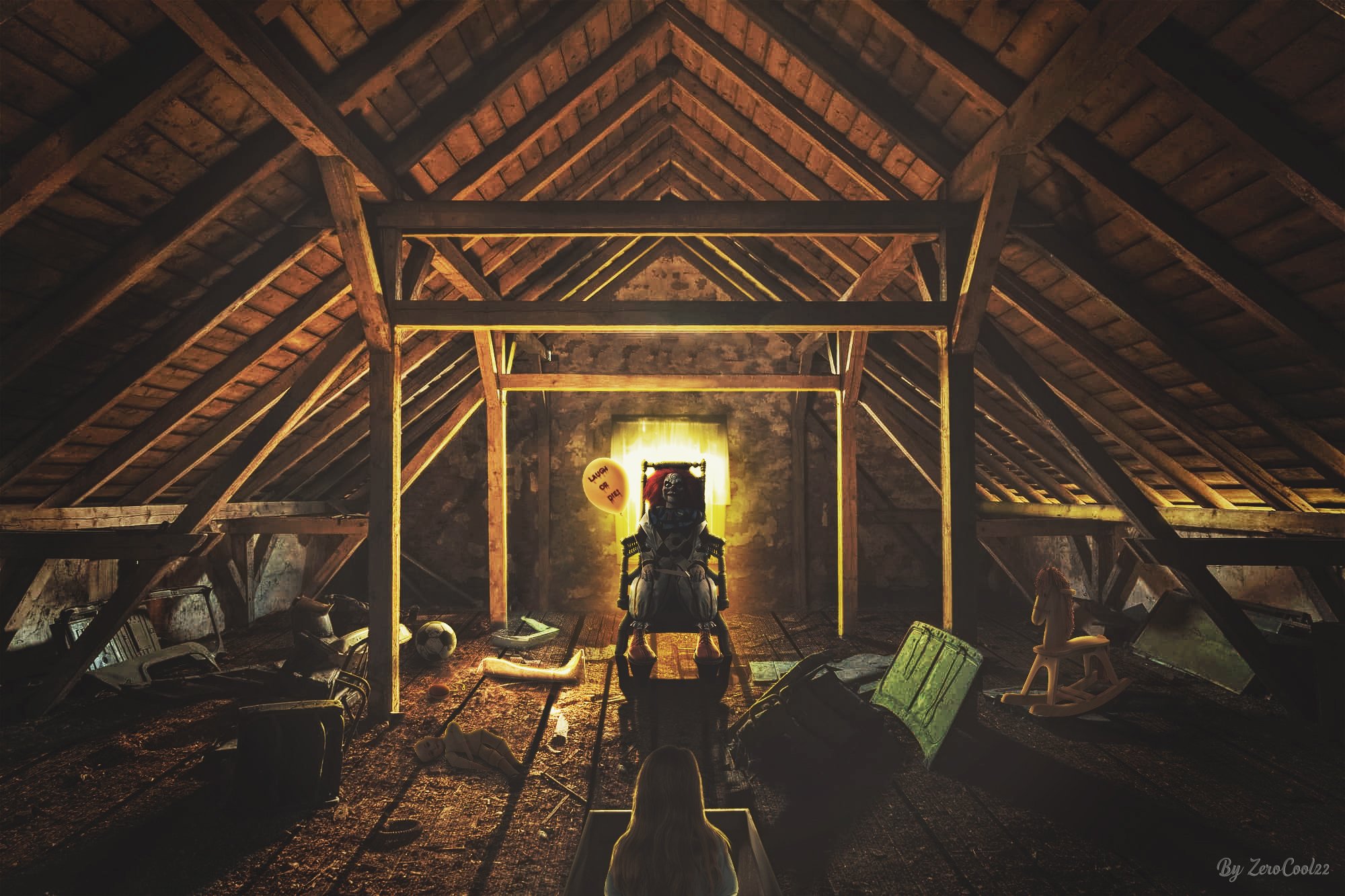 clown, Photo manipulation, The attic, Toys in the attic Wallpaper HD / Desktop and Mobile Background
