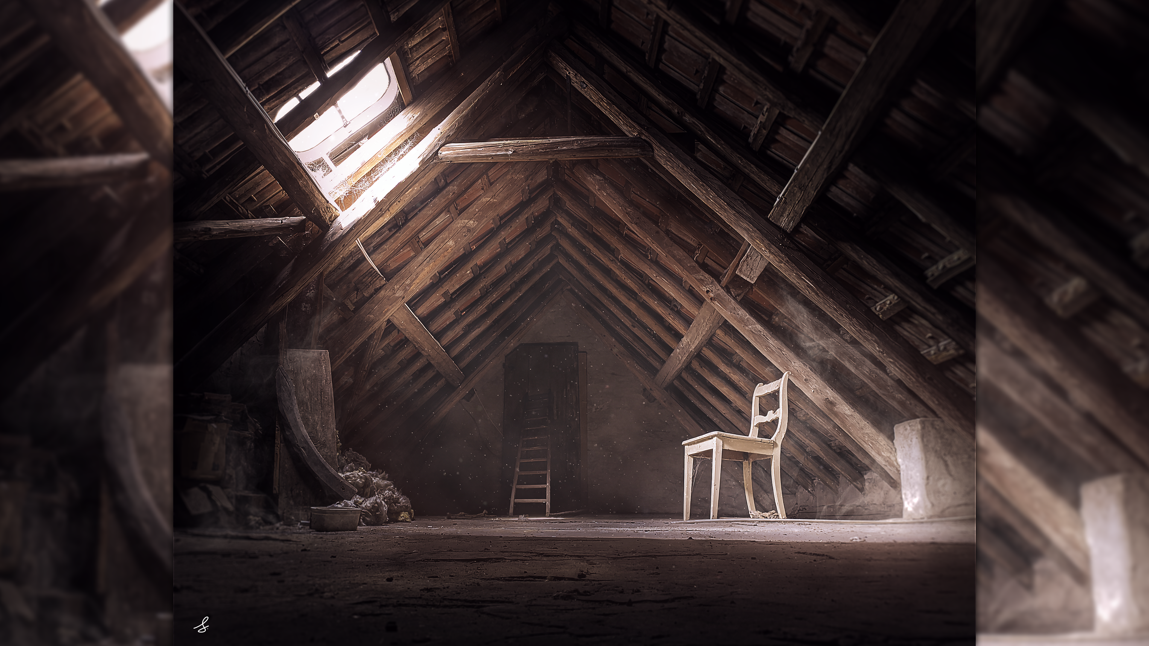 Wallpaper, emotion, ancient, photography, attics, horror, isolation, dust, vintage, wooden surface, wood, old building, Photohop, light effects, grunge, decay 3840x2160