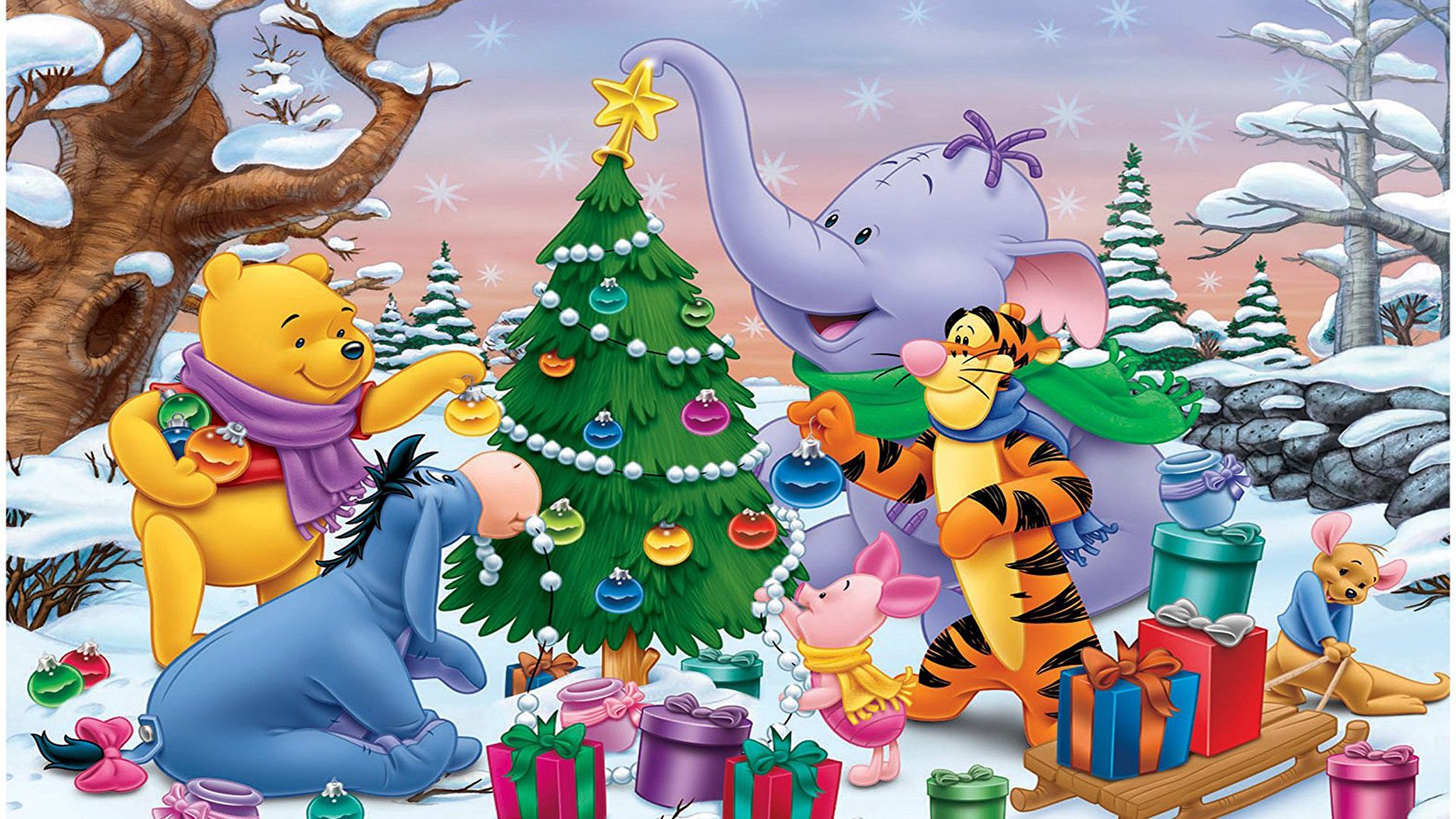 Cartoon Winnie The Pooh And Friends Decorating The Christmas Tree Christmas Gifts Desktop Wallpaper HD For Mobile Phones And Laptops 1920x1200, Wallpaper13.com