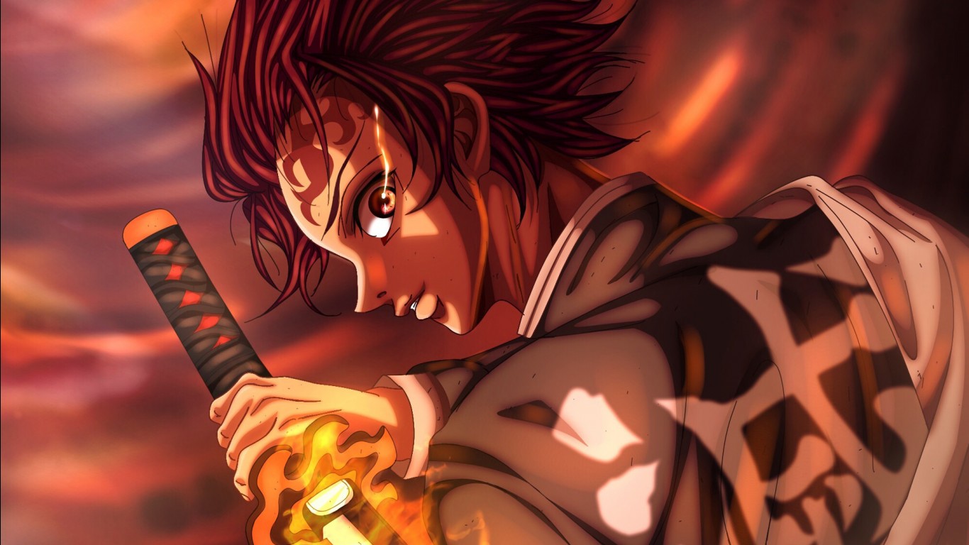 Demon Slayer Tanjiro Kamado Having Fire Sword With Blur Backgrounds HD Anim...