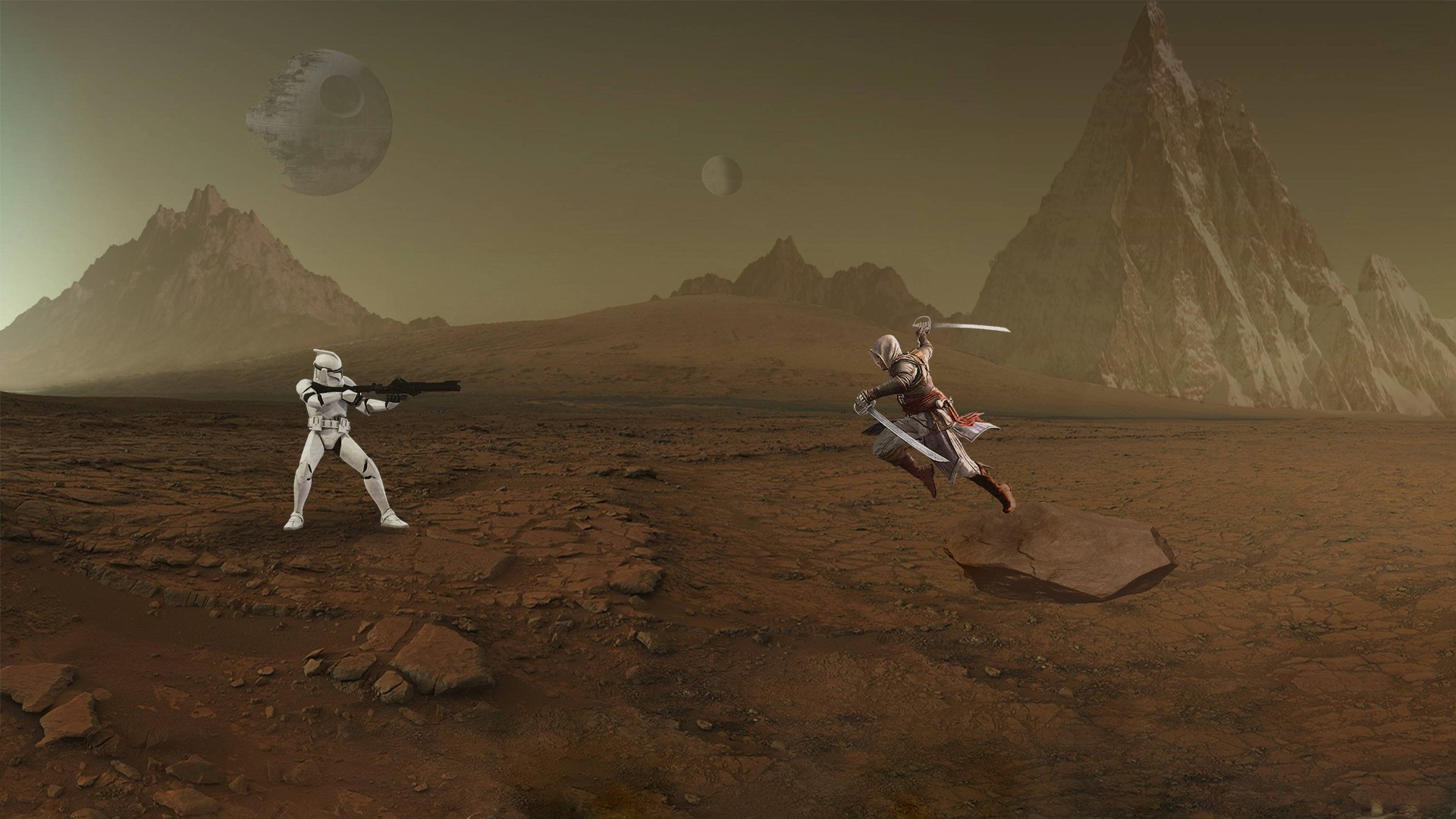space, Assassins Creed, Clone Trooper, Death Star, Planet, Mars, Sword, Photohopped Wallpaper HD / Desktop and Mobile Background
