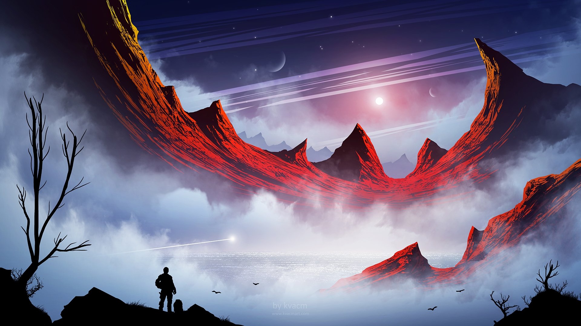 Download 1920x1080 Fantasy Landscape, Mountains, Man, Planets, Sci Fi Wallpaper For Widescreen