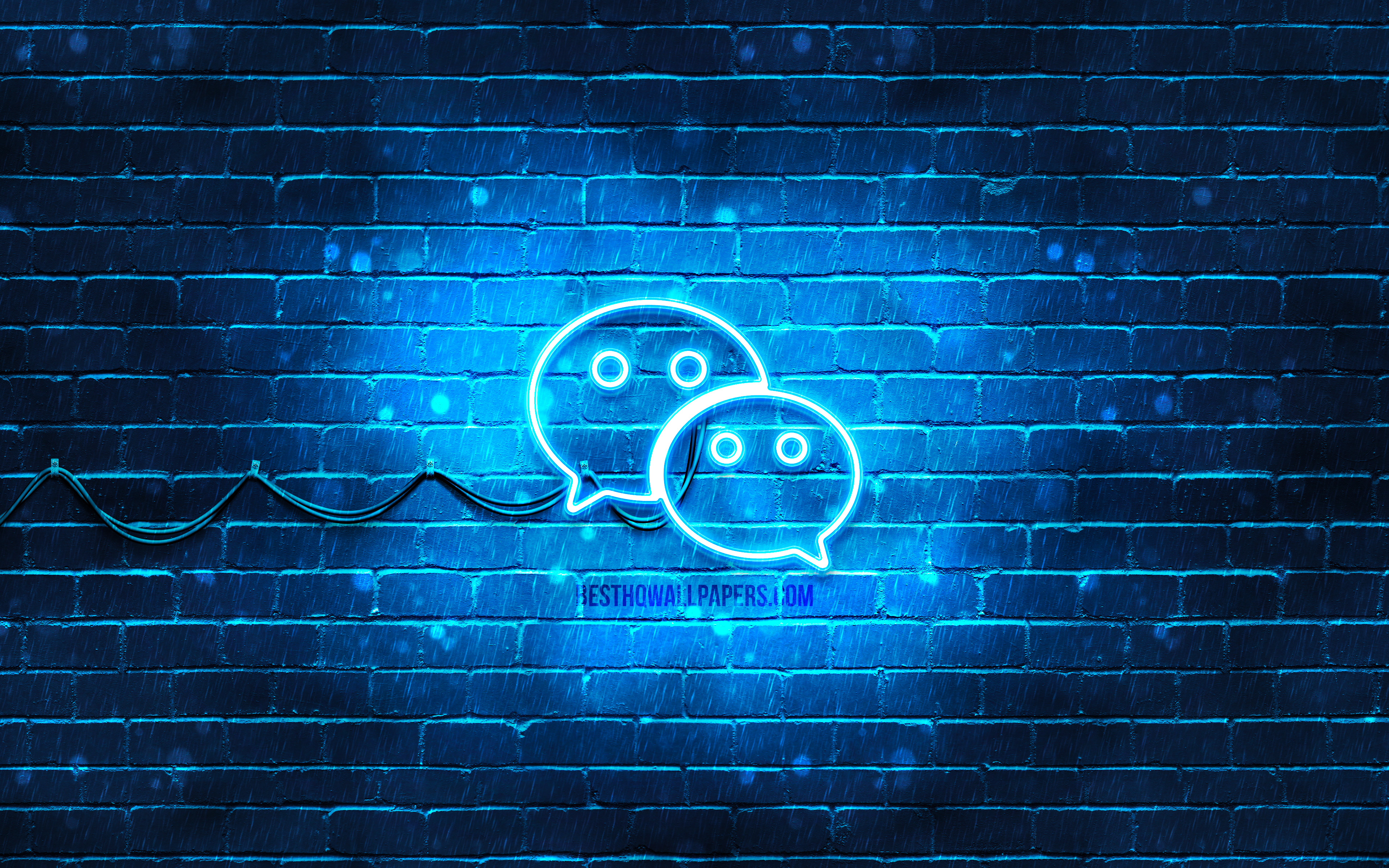 Download wallpaper WeChat blue logo, 4k, blue brickwall, WeChat logo, social networks, WeChat neon logo, WeChat for desktop with resolution 3840x2400. High Quality HD picture wallpaper