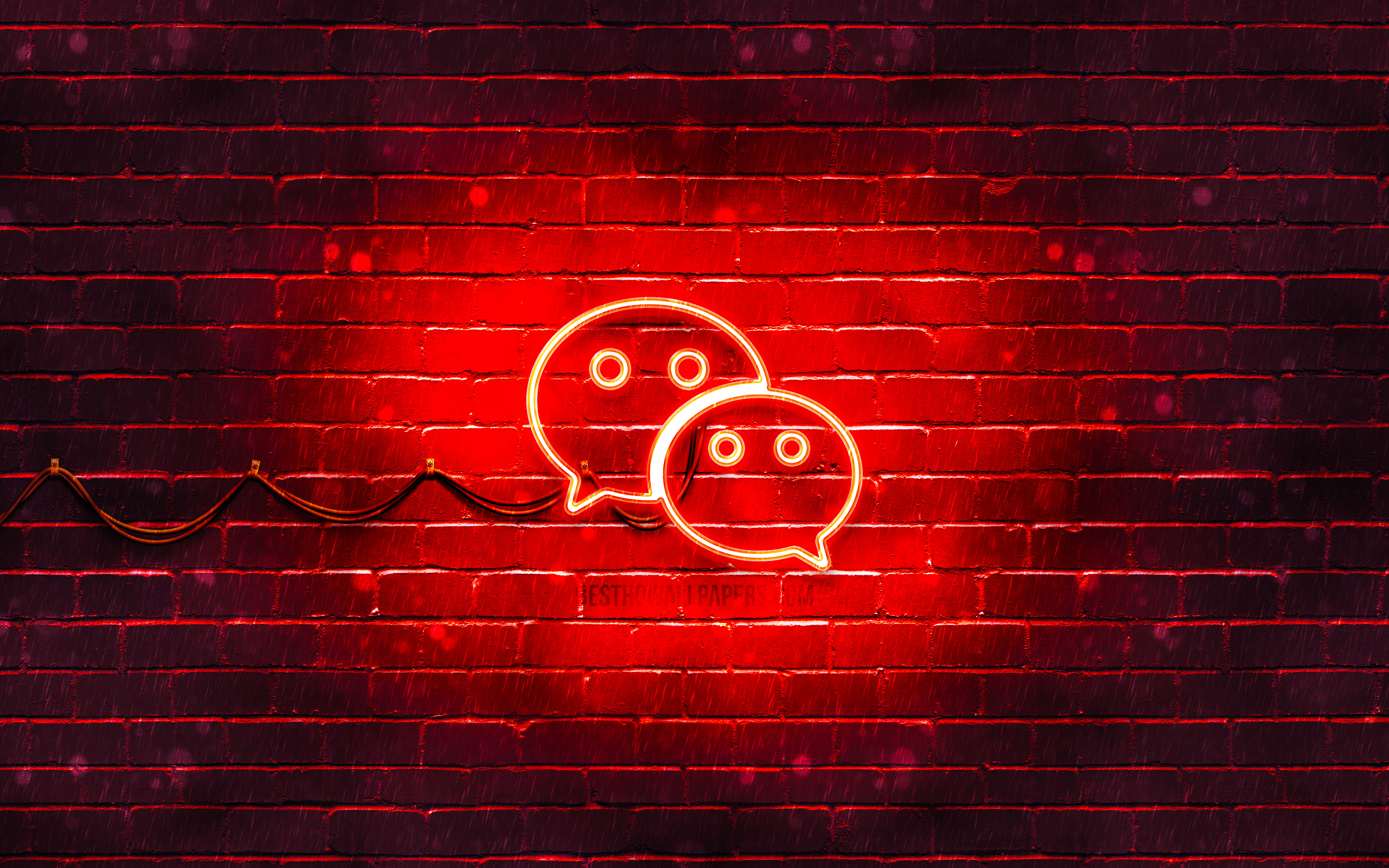Download wallpaper WeChat red logo, 4k, red brickwall, WeChat logo, social networks, WeChat neon logo, WeChat for desktop with resolution 3840x2400. High Quality HD picture wallpaper