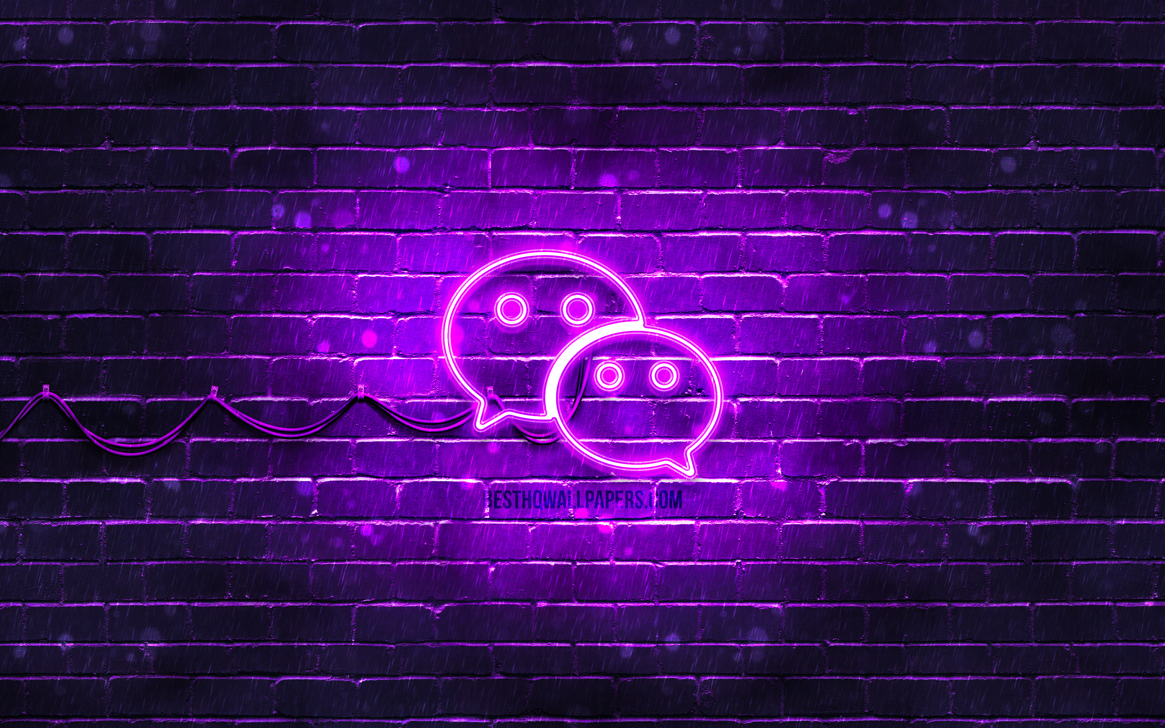 Download wallpaper WeChat violet logo, 4k, violet brickwall, WeChat logo, social networks, WeChat neon logo, WeChat for desktop with resolution 3840x2400. High Quality HD picture wallpaper
