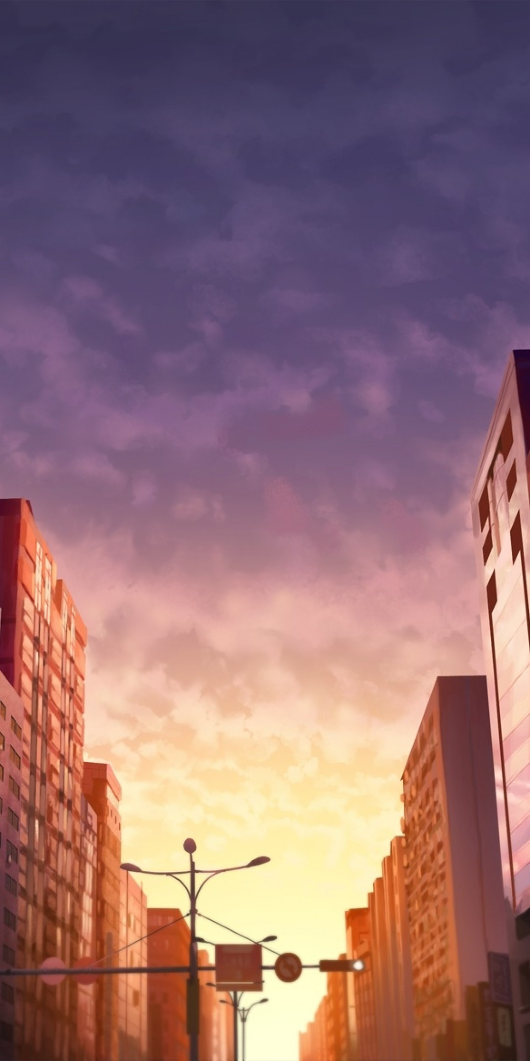 Download 1080x2160 Anime City, Sunset, Girl With Scythe, Buildings, Street Wallpaper for Huawei Mate 10