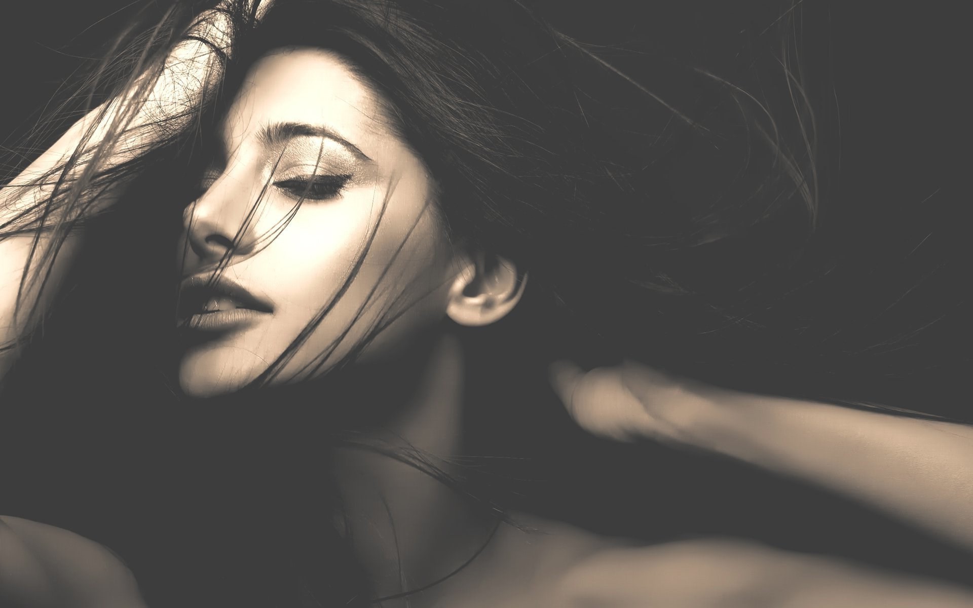 Wallpaper, face, drawing, women, model, hands on head, sepia, emotion, beauty, eye, darkness, Sense, 1920x1200 px, computer wallpaper, black and white, monochrome photography, portrait photography, photo shoot, ear, human body, organ