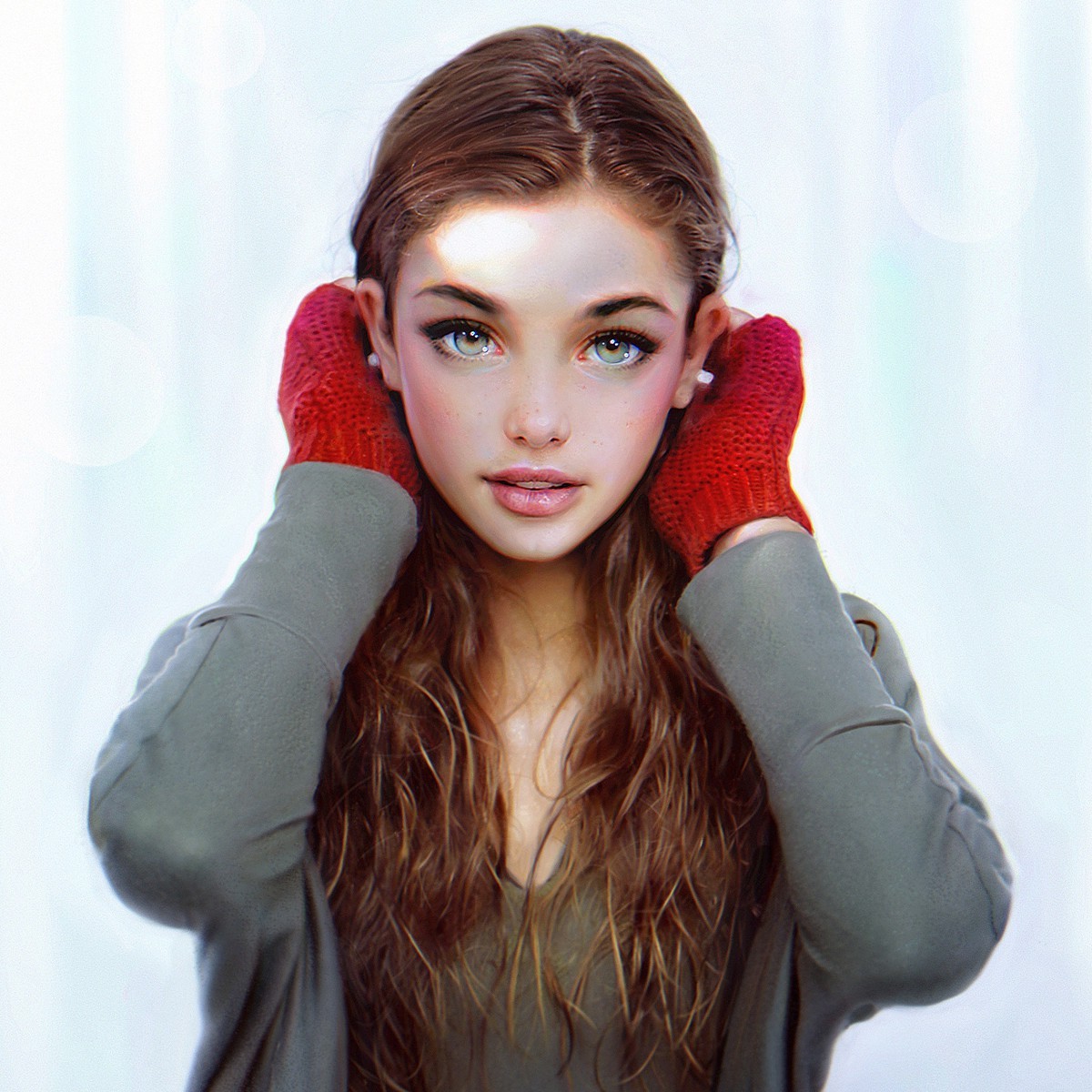 Wallpaper, face, drawing, women, model, long hair, red, singer, fashion, fur, nose, skin, clothing, head, girl, beauty, eye, cap, lip, neck, hairstyle, portrait photography, photo shoot, brown hair, ear, human body