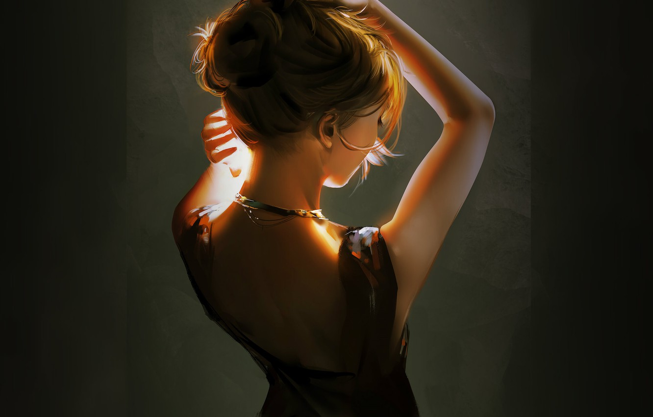 Wallpaper necklace, in the dark, portrait of a girl, from the back, hands above your head image for desktop, section живопись