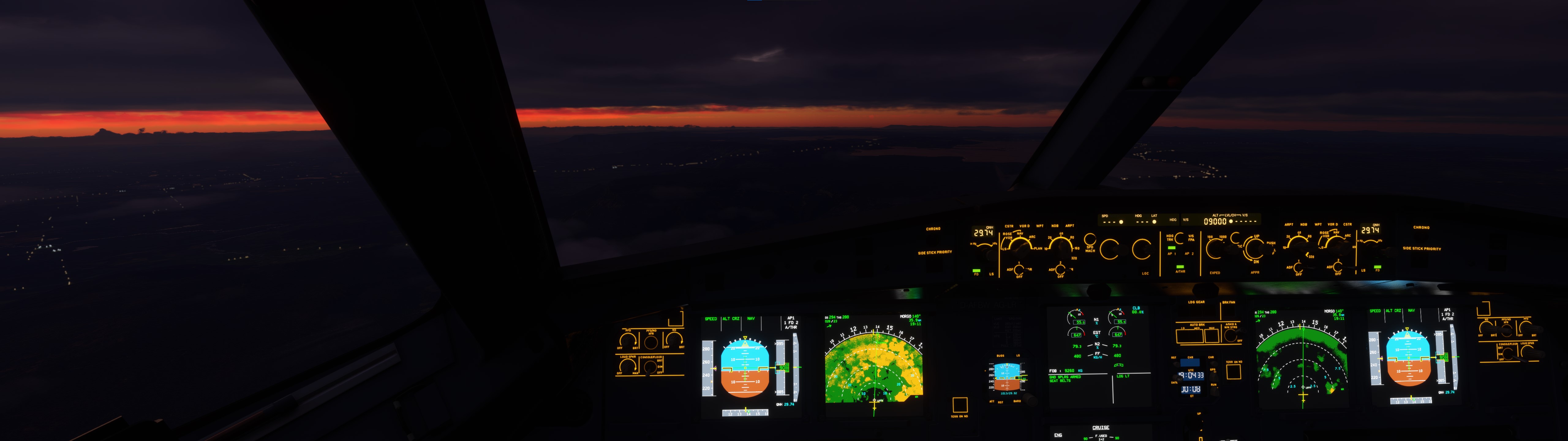 Wallpaper, flight simulator, flying, airbus a sky, clouds, cockpit, aircraft, airplane 5120x1440