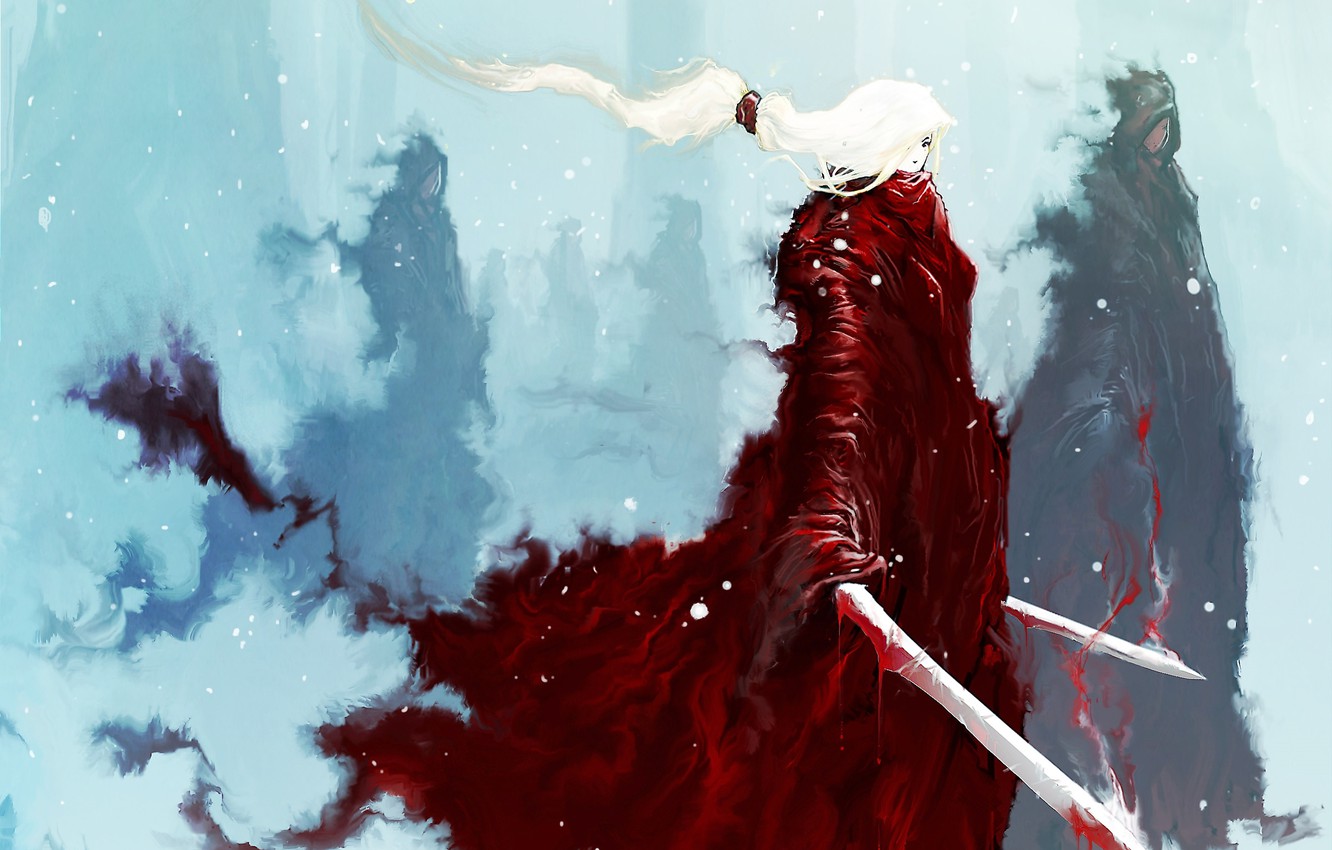 Wallpaper winter, forest, girl, snow, people, blood, smoke, figure, sword, fantasy, art, girl, sword, blood, fantasy, forest image for desktop, section фантастика