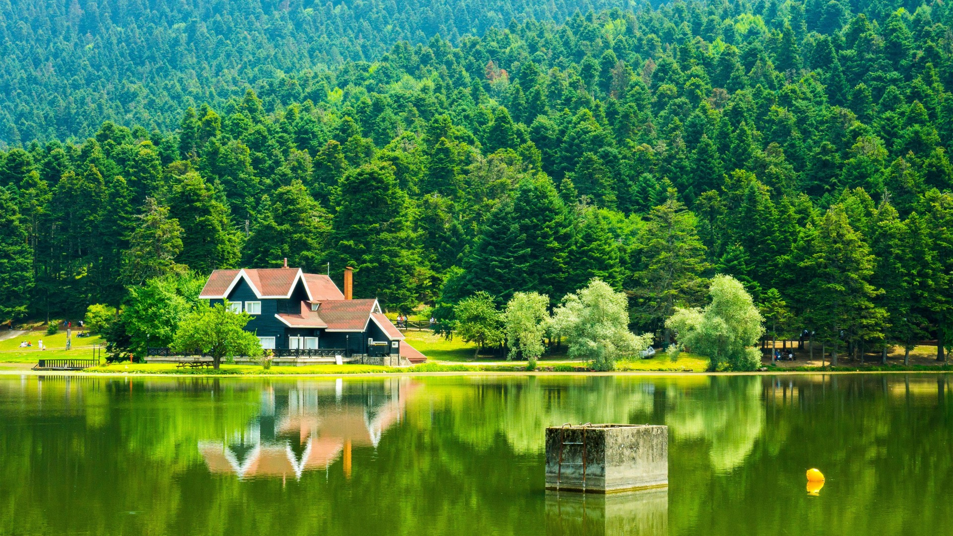 Download 1920x1080 Turkey Bolu, Lake Golcuk, Reflection, Trees, Mountain Wallpaper for Widescreen