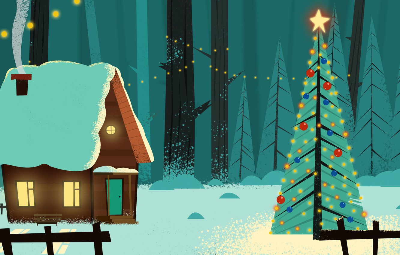 Wallpaper Winter, Snow, Forest, New Year, House, Decoration, Holiday, Art, New Year, Trees, Cartoon, Environment, by Andrey Syailev, Andrey Syailev image for desktop, section новый год