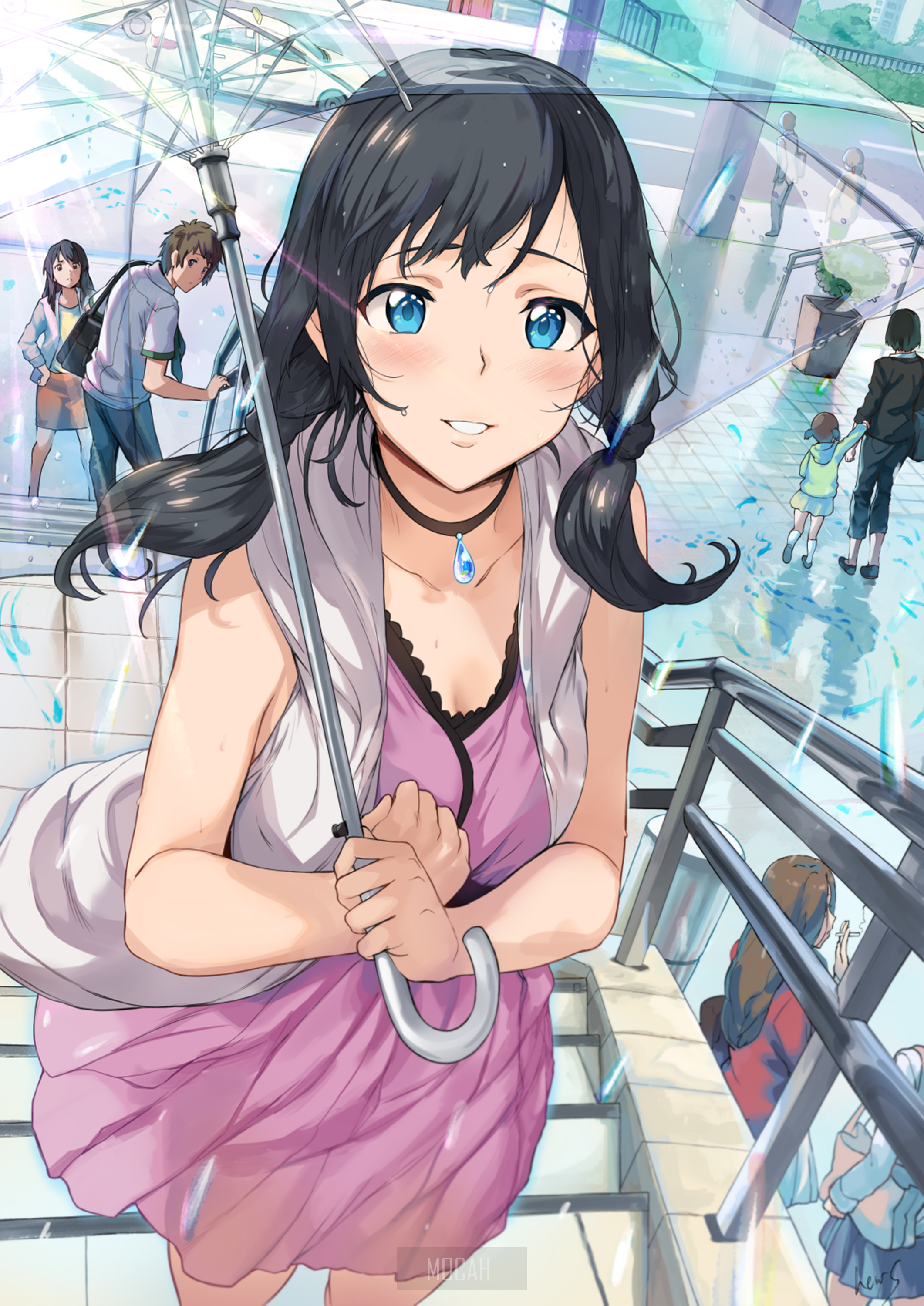 anime girl, Tenki no Ko, Kimi no Na Wa, small boobs, long hair, black hair, women with umbrella, clear sky, pink dress, no bra, thighs, blushing, looking back, high angle, blue