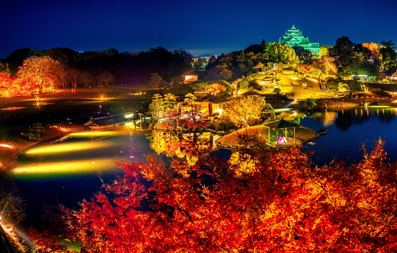 Wallpaper autumn, night, lights, pond, Park, Japan, Okayama image for desktop, section пейзажи