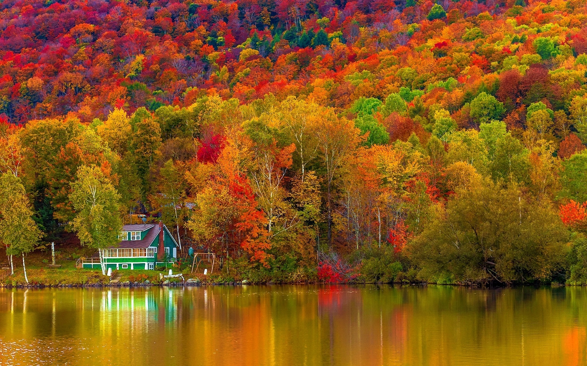 Autumn Serenity: Lakeside Forest House HD Wallpaper