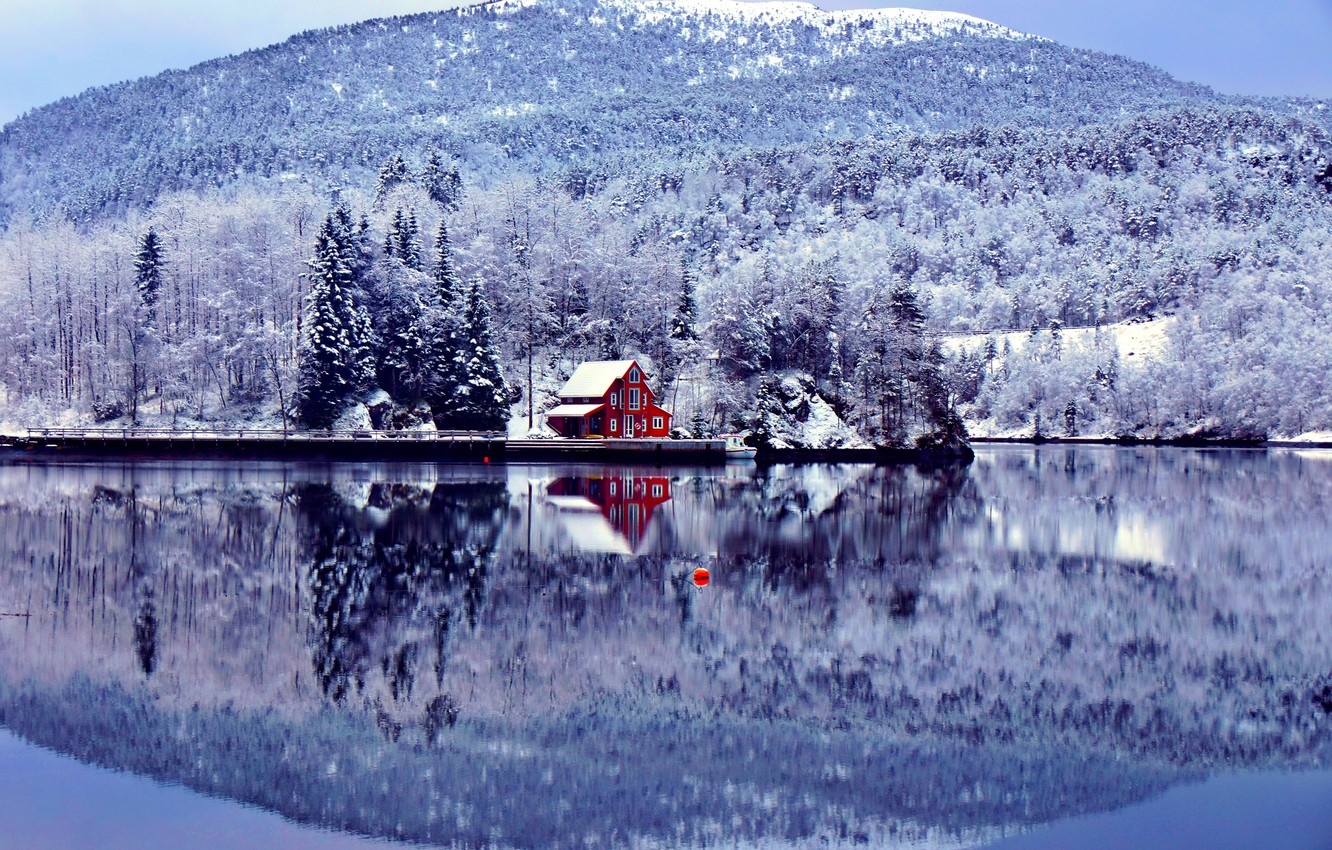 Wallpaper winter, forest, lake, house, blue, shore, mountain, float image for desktop, section пейзажи