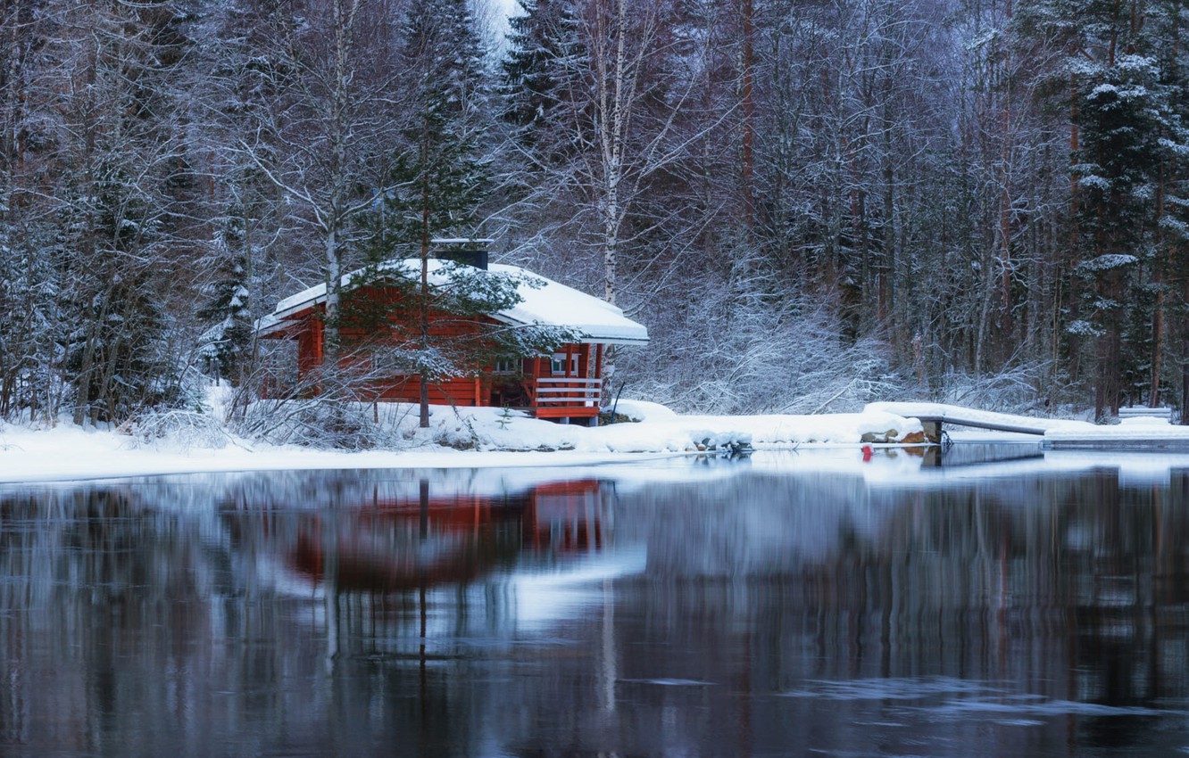 Wallpaper winter, forest, lake, house, reflection, Anssi Carroll image for desktop, section природа