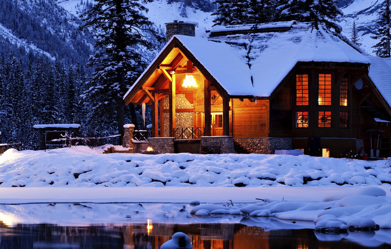 Wallpaper winter, forest, snow, lake, house, nature, winter, snow image for desktop, section природа