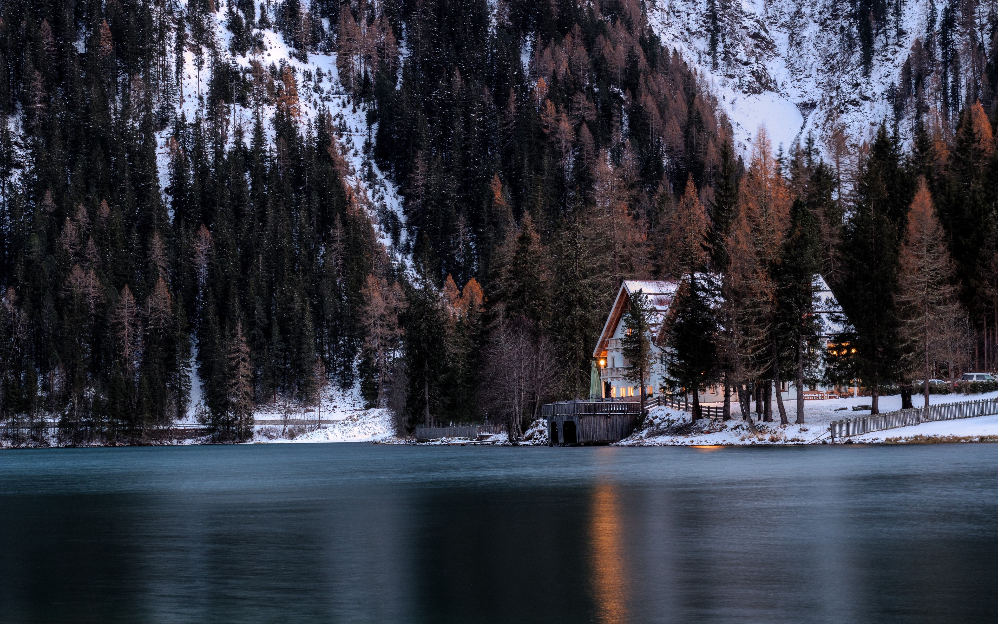 4K, building, snow, house, lake, mountains, nature, trees, landscape HD Wallpaper