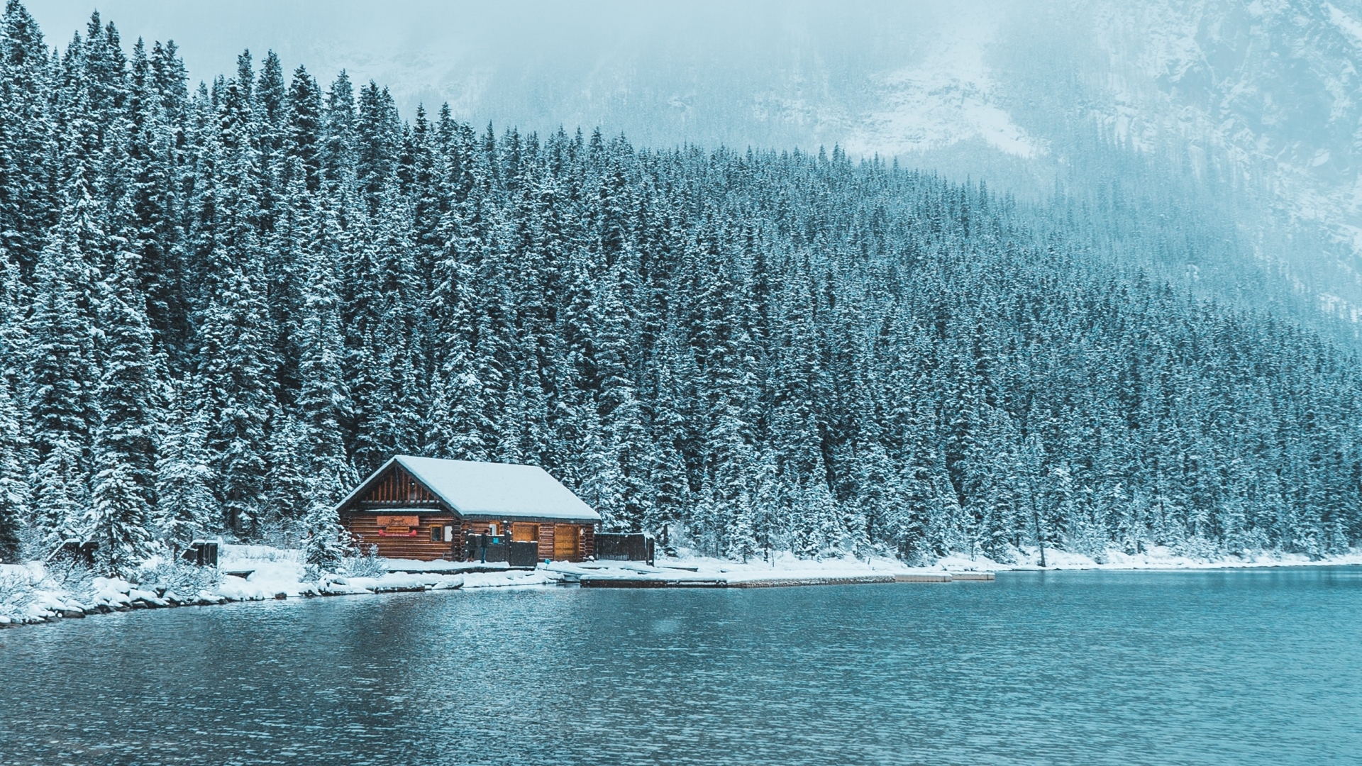 Cabin Forest Lake Snow Winter Wallpaper:1920x1080