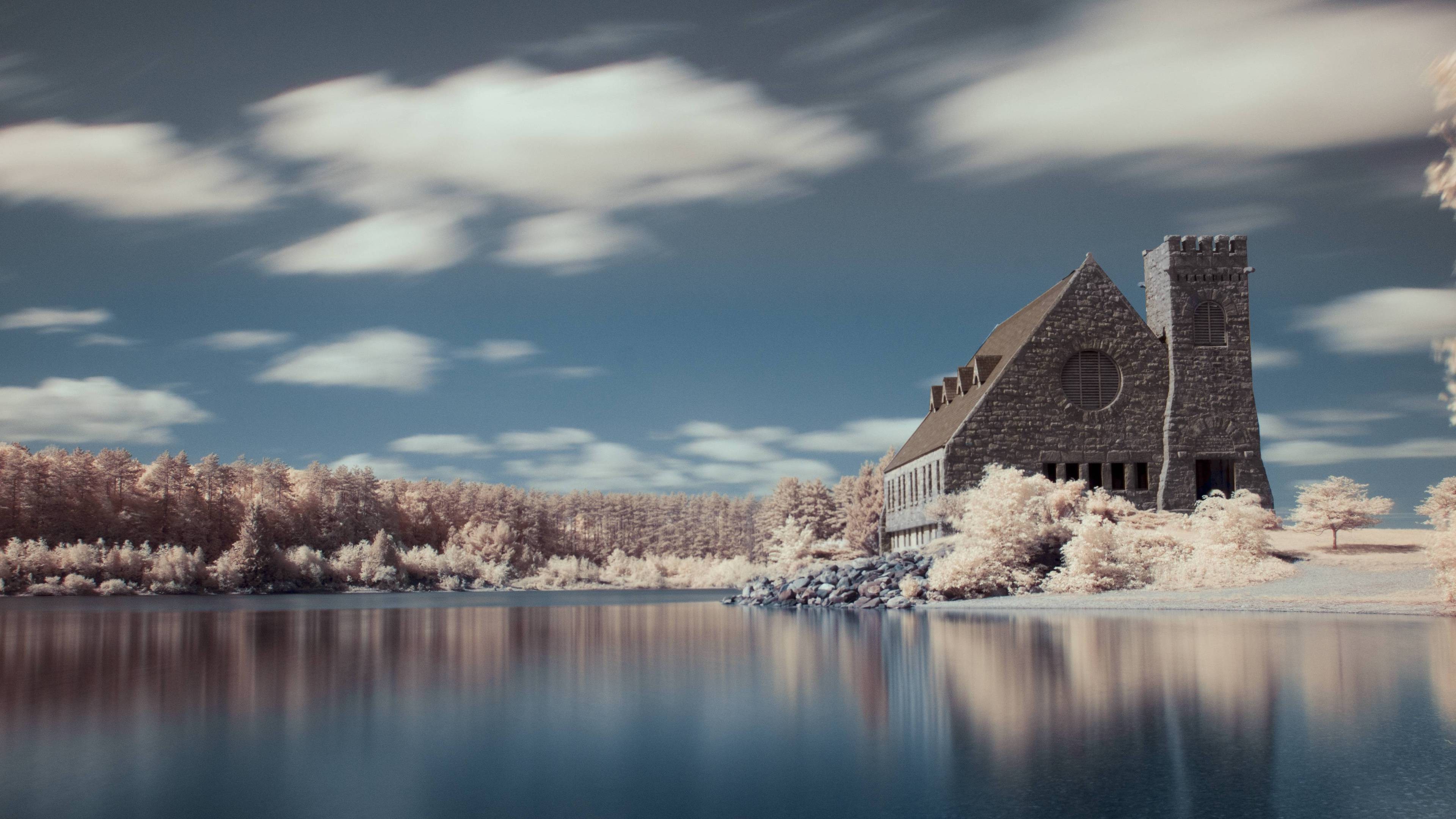 Wallpaper, forest, white, architecture, lake, water, reflection, sky, snow, winter, long exposure, clouds, house, calm, surreal, morning, old building, mansions, cloud, flower, 3840x2160 px 3840x2160