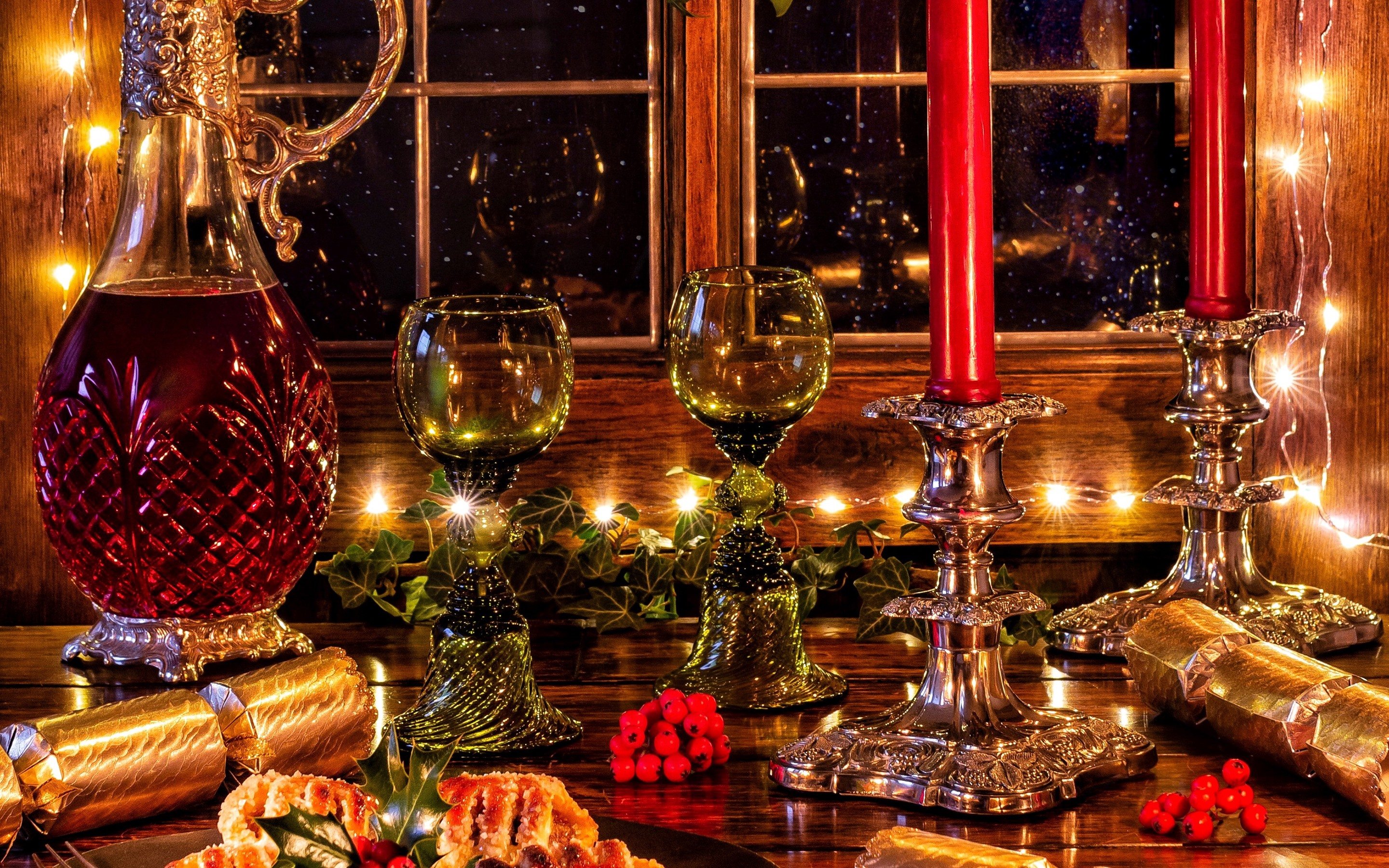 Wallpaper Merry Christmas, decorations, glass cups, wine, candles, lights 2880x1800 HD Picture, Image